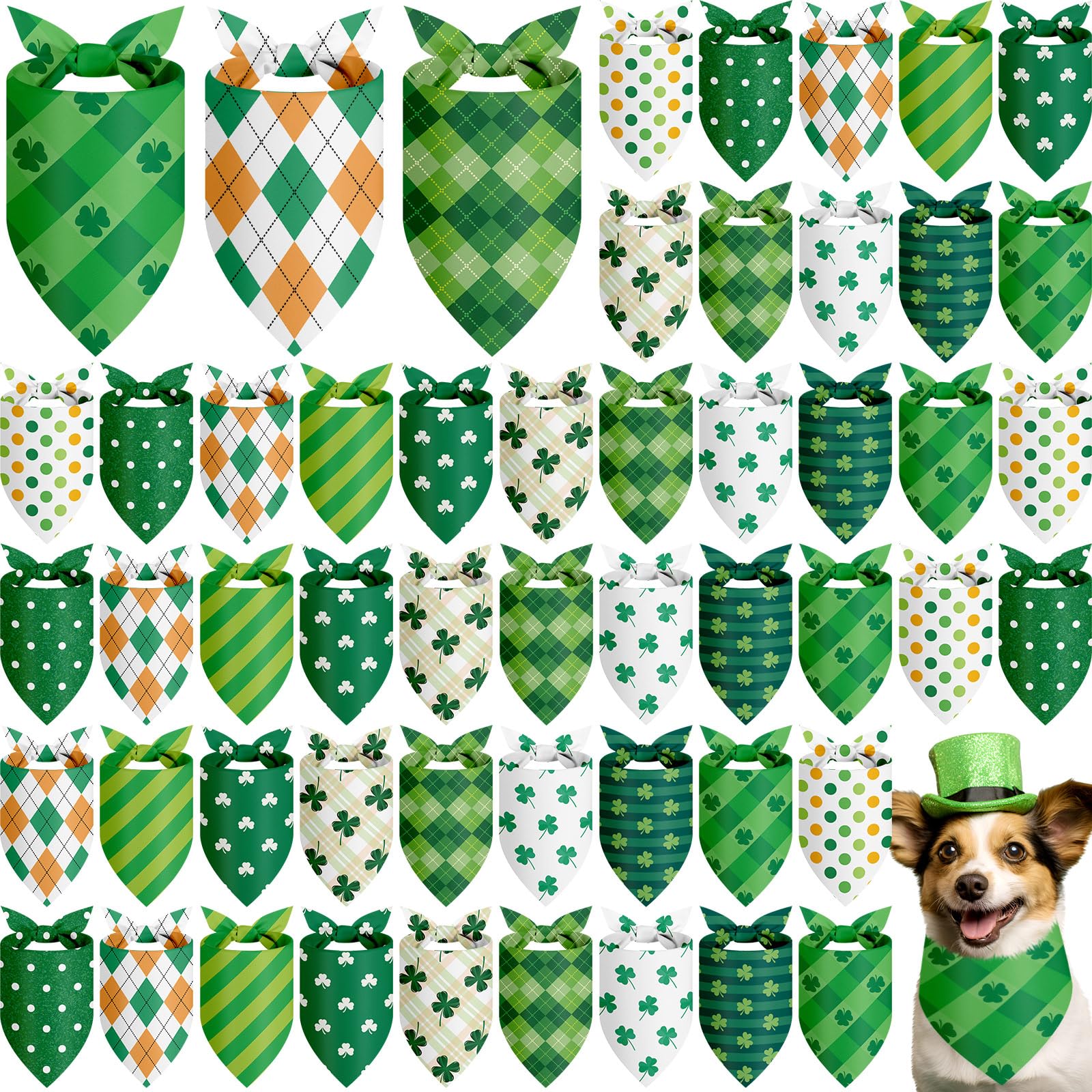 Weewooday 50 Pcs St Patricks Day Bandanas Bulk for Dogs Adjustable Irish Shamrocks Clover Green Plaid Triangle Soft Bibs Puppy Bandana for Small Medium Large Cat Pet Costume(25.6 x 17.7 x 17.7 Inch)