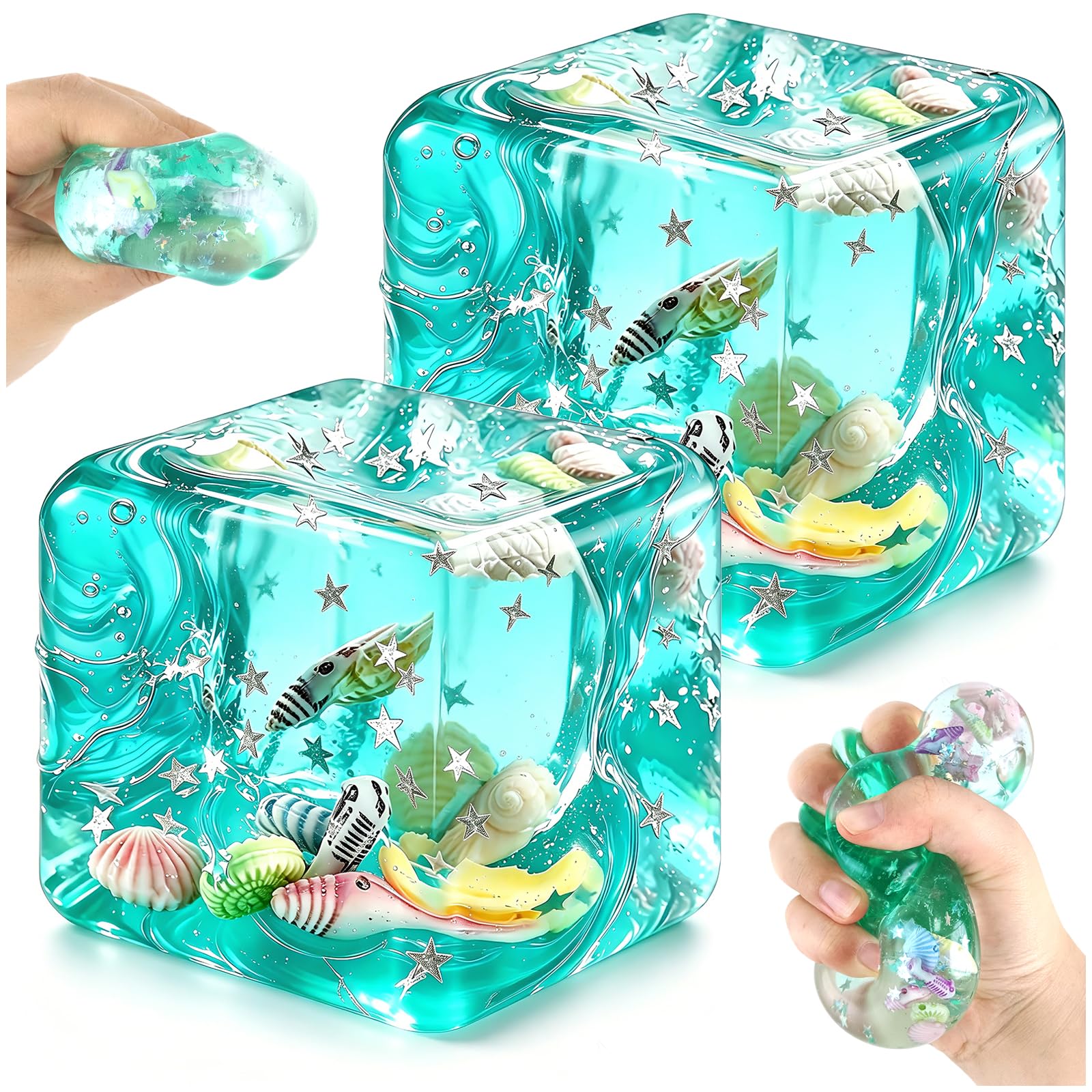 2 Pack Squishy Cube Squeeze Toys, Ice Cube Squishy Sensory Toys with Floating Ocean Shells & Stars, Stress Relief Toys , Office Desk Toy, Nice Cube Fidget Toy for Adults and Teens (4.5 cm) — image 1