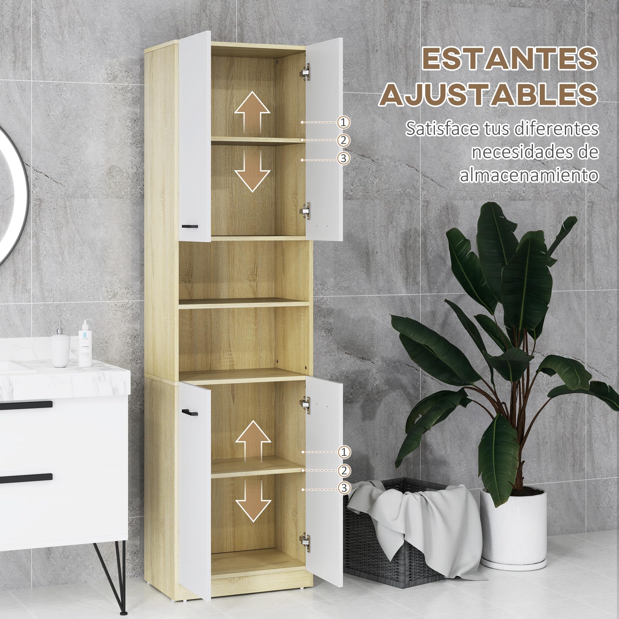 kleankin Columna Auxiliar de Baño Armario Alto de Baño con 4 Puertas 2 Estantes Abiertos y Estantes Ajustables Estilo Moderno para Salón 53x33,5x195,7 cm Blanco y Roble