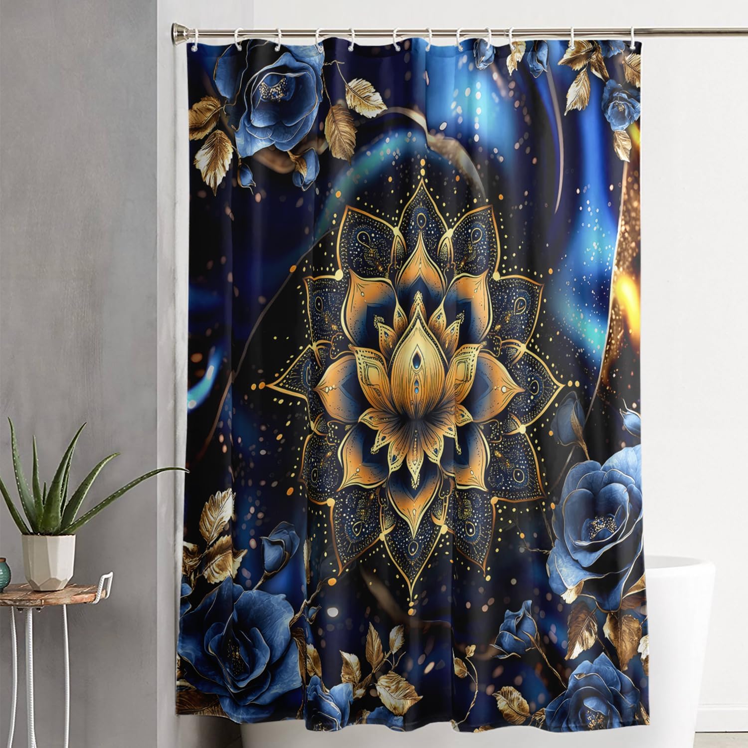 AILONEN Mandala Shower Curtain Set,Boho Gold Mandala Bath Curtains for Girls,Blue Flowers Waterproof Shower Curtain with Hooks Bathroom Decor,60" Wx72 H