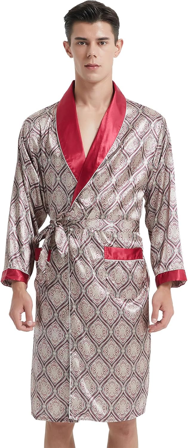 Haseil Men's Luxurious Kimono Robe with Shorts Silk Satin Bathrobes Lightweight Long Sleeve Sleepwear Set - Image 5