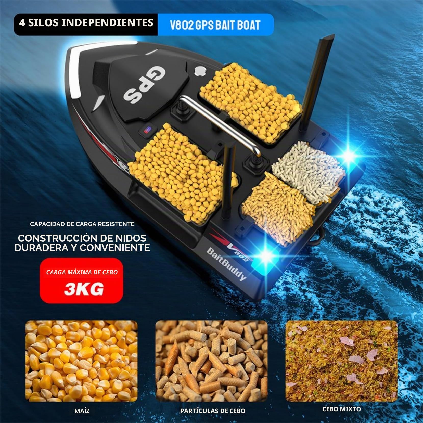 Cebo GPS de doble antena para pesca de carpas, alcance de 500 m, carga de 3 kg, 4 tolvas, barco teledirigido con funda