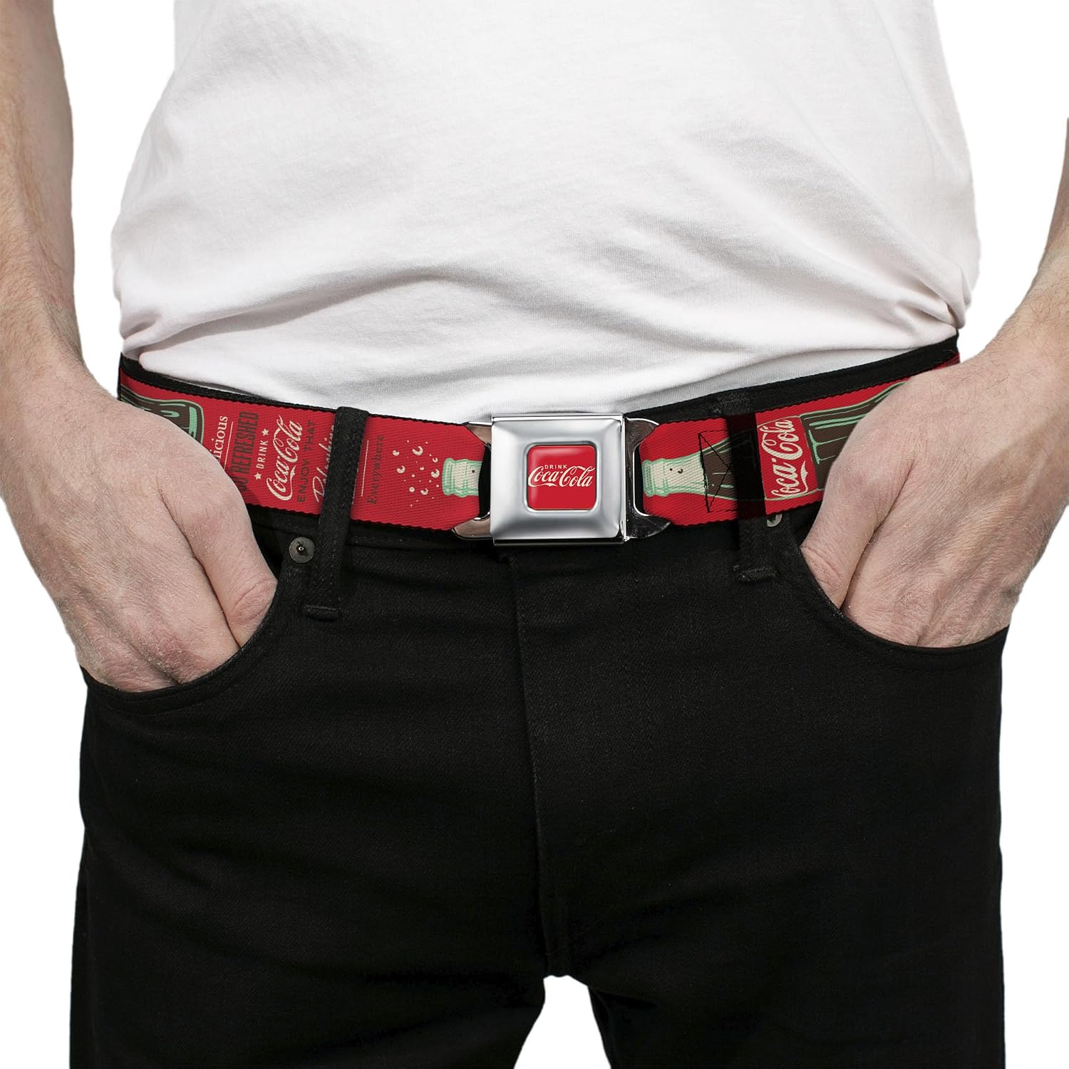 The Coca-Cola Company Belt, Seatbelt Buckle Belt, Vintage Coca Cola Delicious Go Refreshed and Bottle Red, Adjustable