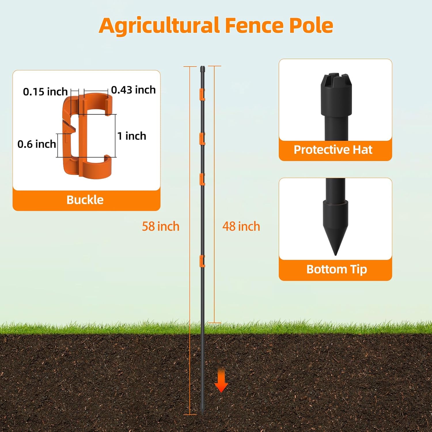 25Pack 58Inch Garden Fence Posts with 100 Adjustable Clips,4.8ft Temporary Fence Stakes for Yard,Backyard and Vegetable Plot,Black Portable Electric Fences Posts for Deer,Sheep,Livestock,Farm
