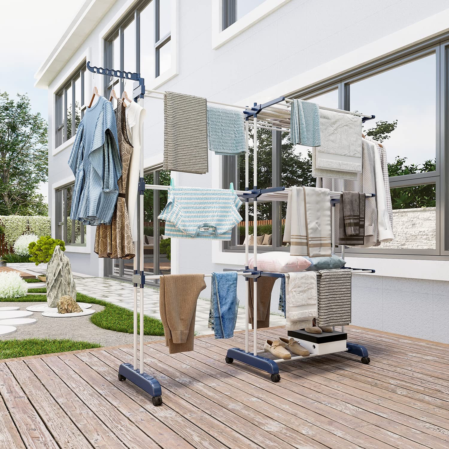 3 Niveles Tendedero Torre Vertical 75-200cm Extensible Plegable Resistente Portatil Acero Inoxidable Clothes Drying Rack para Exterior Terraza Balcon (Azul Blanco)