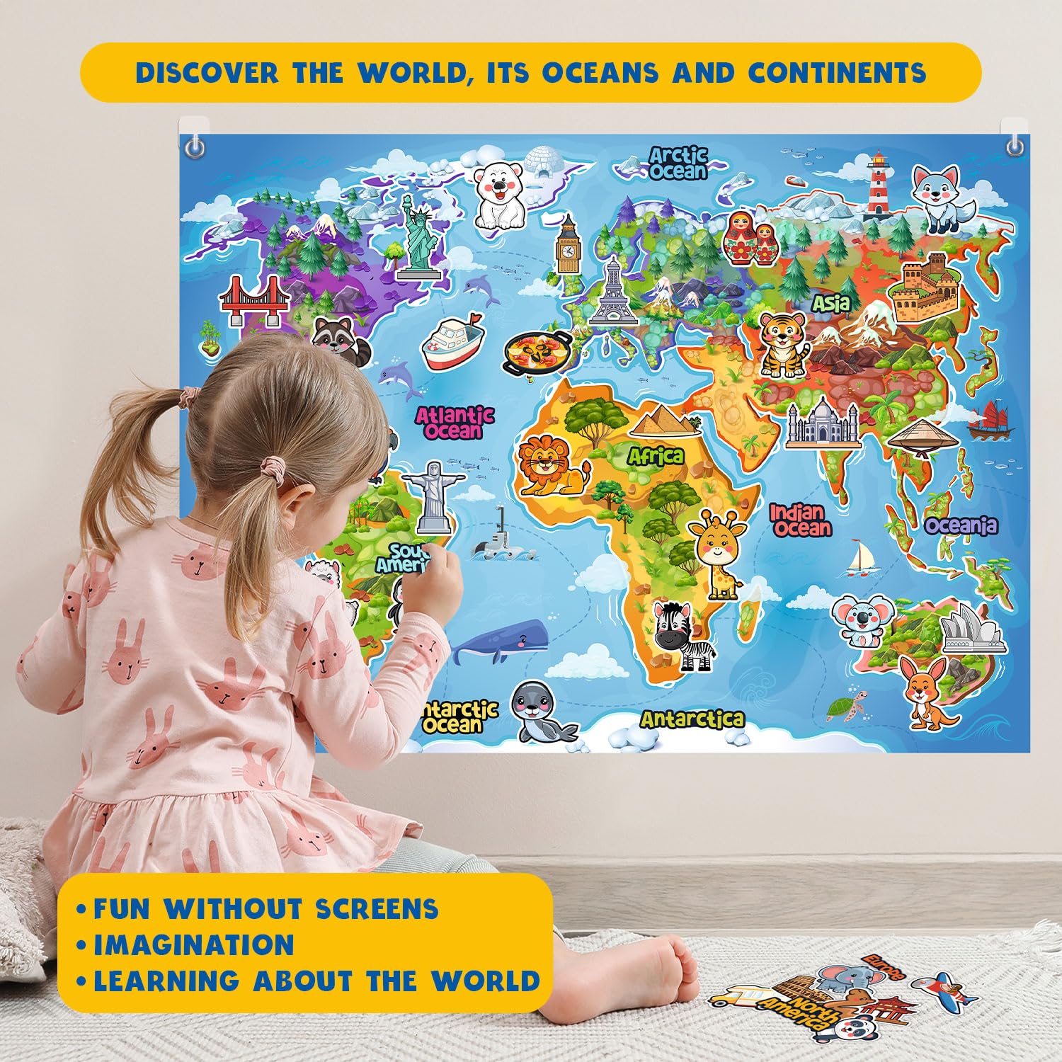 Big Minds - Découvrez Le Monde | Jeux Educatif 4 Ans Panneau En Feutre | Jouet Montessori Avec 48 Pièces | Carte Du Monde Enfant Figurines Interactives | Cadeau Enfant 4 Ans.