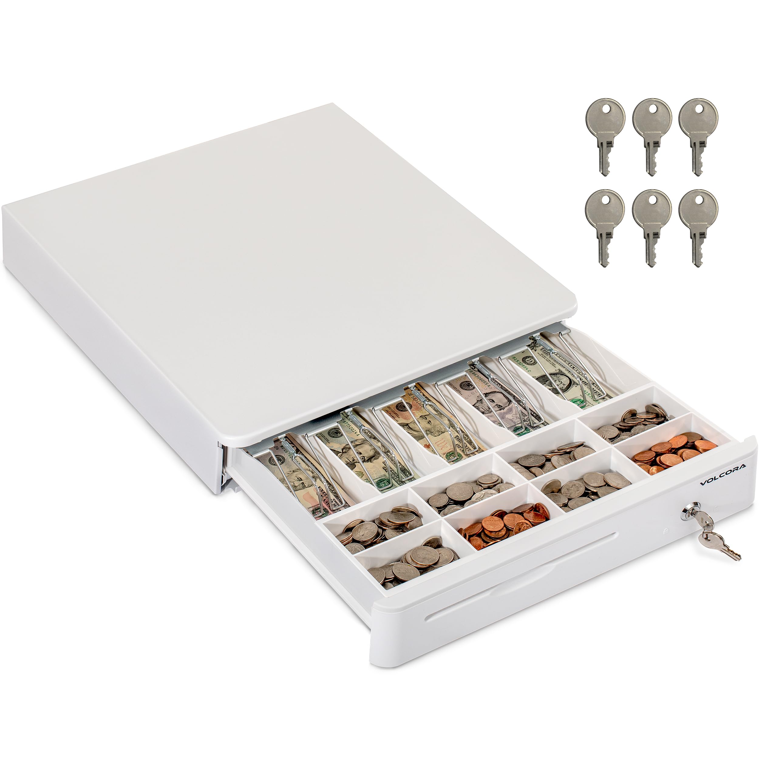 Volcora Cash Register Drawer for Point of Sale POS System with Round Corners 16", Removable Coin Tray, 5 Bill 8 Coin, 12-24V RJ11/12 Key-Lock Media Slot, Money Drawer for Business, White Bar/White