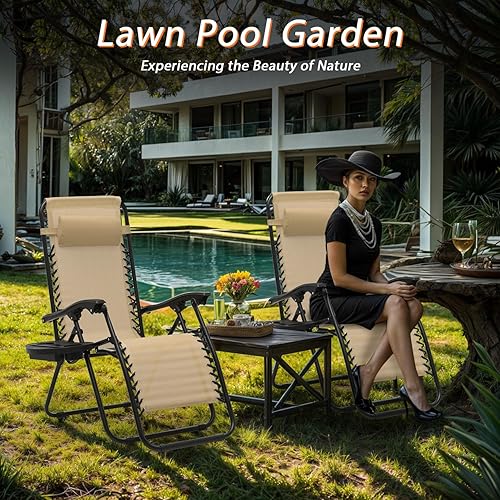 Miniatura 2 de Sillas de gravedad cero, sillas reclinables plegables portátiles con almohada ajustable y bandejas portavasos, para exteriores, patio, playa,