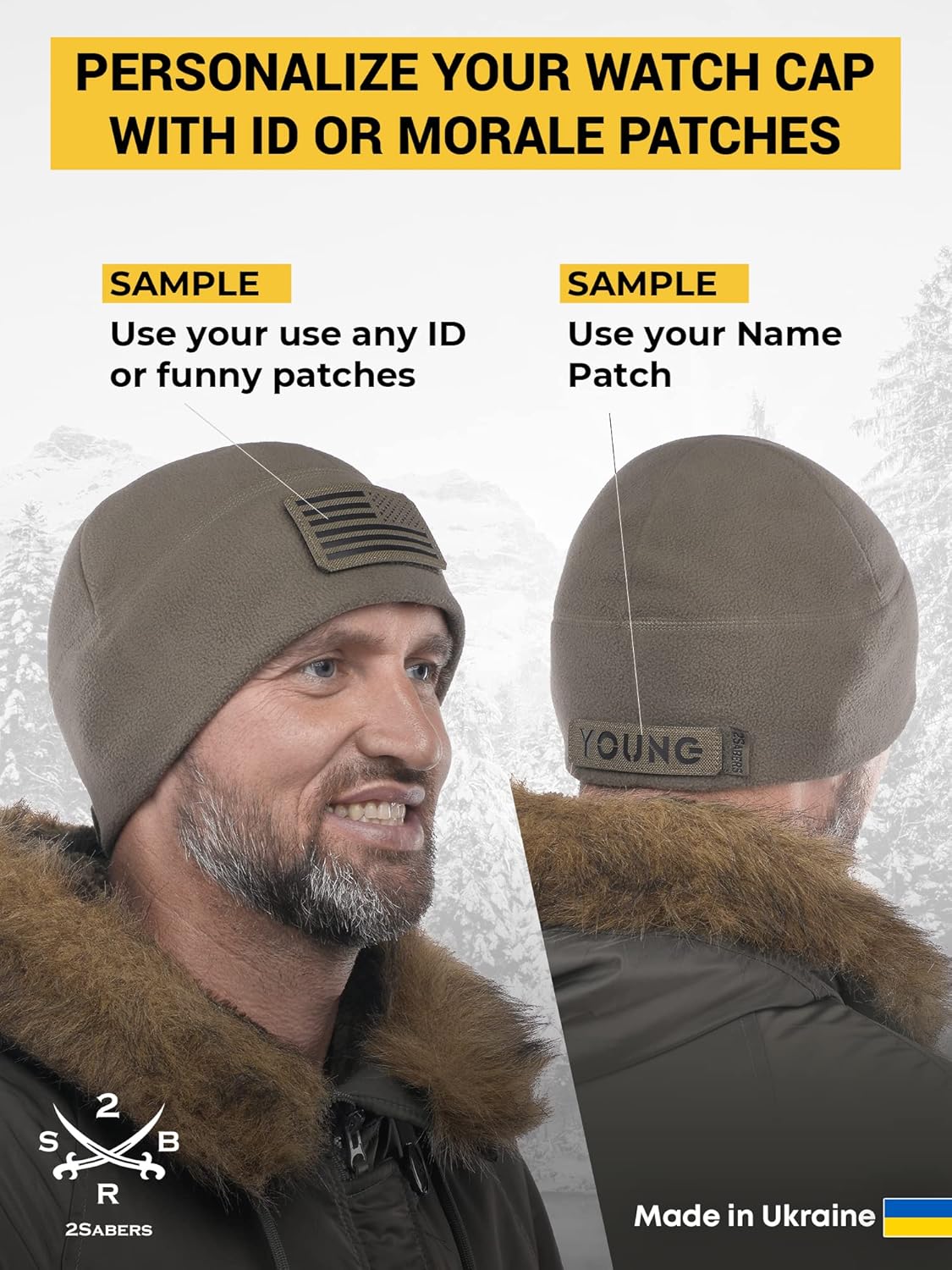 2SBR 2SABERS Warm Outdoor Winter Fleece Beanie with Patch Panel – Skull Watch Cap Hat Olive Green - Image 4