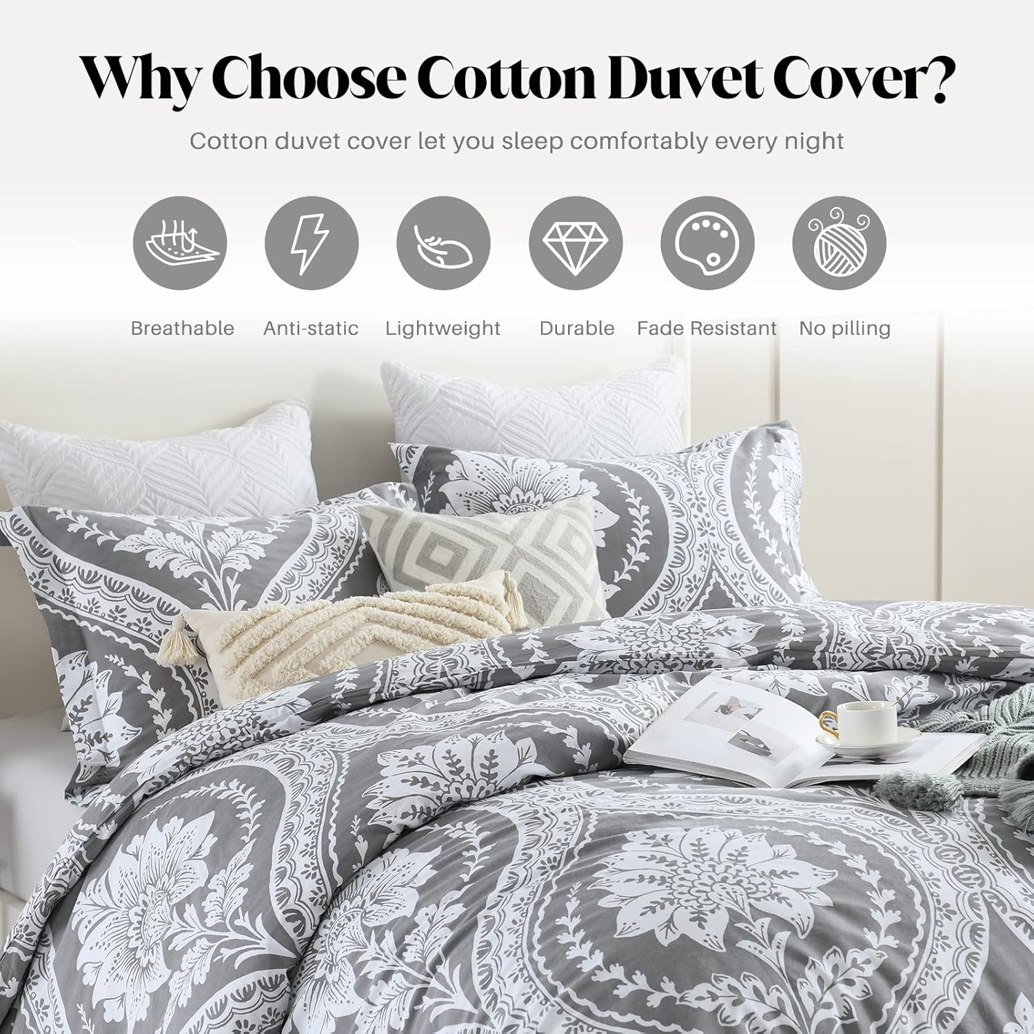 CozyDH Duvet Cover Set Queen Size, 100% Cotton Comforter Duvet Cover, Gray Damask Paisley Floral Pattern, 3 Pieces All Season Soft Breathable Bedding Set