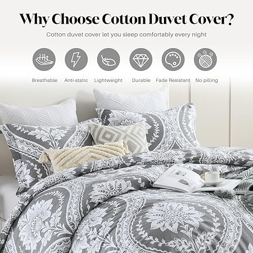 Miniatura 8 de CozyDH Juego de funda de edredón de algodón tamaño King con estampado de cachemira, medallón de damasco reversible, juego de funda de edredón de