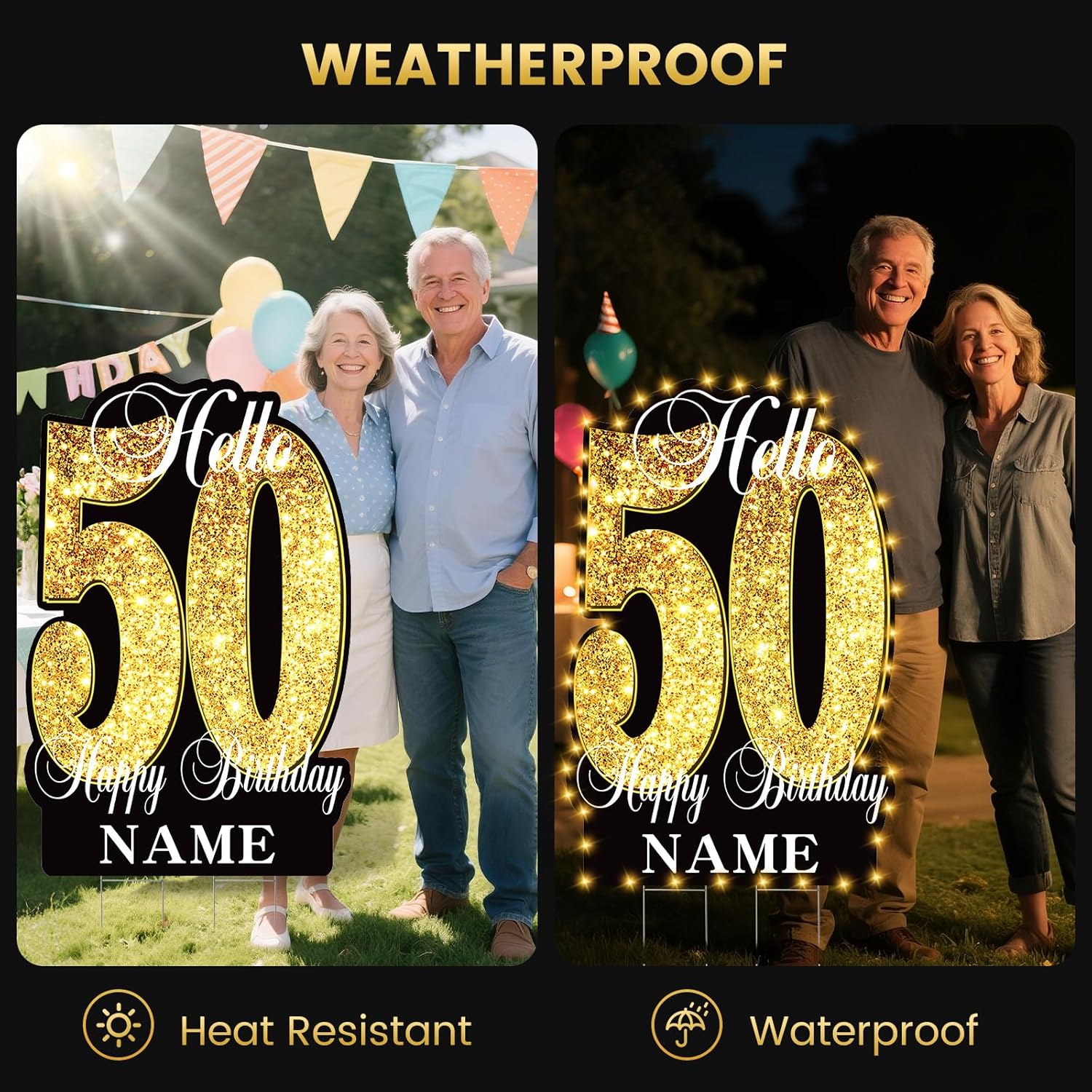 50th Birthday Decorations – 40 Inch Large Yard Sign with LED Lights, Personalized Name Lawn Sign for Outdoor Party, Waterproof Gold Pastel Decor with Stakes for Women or Men