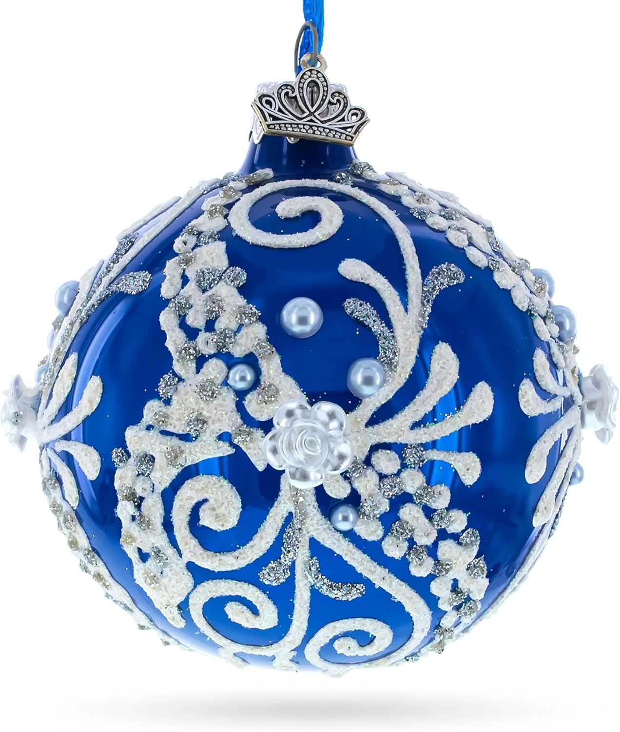 Snow Swirls on Blue Glass Ball Christmas Ornament 3.25 Inches