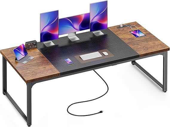 Huuger 71 x 31.5 Inch Desk with Power Outlets & USB-C, 1.2 Inch Thicker Desktop, Robust Metal Tubes, Deep Computer Desk, Heavy Duty Office Desk, Work Desk, Rustic Brown and Black