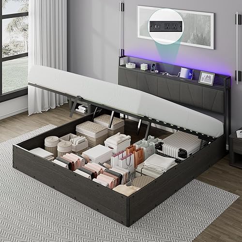 Albott King Size Lift Up Storage Bed Frame, Modern RGB LED Light Platform Bed Frame with Charging Station/Linen Upholstered Headboard/No Box Spring Needed, Black