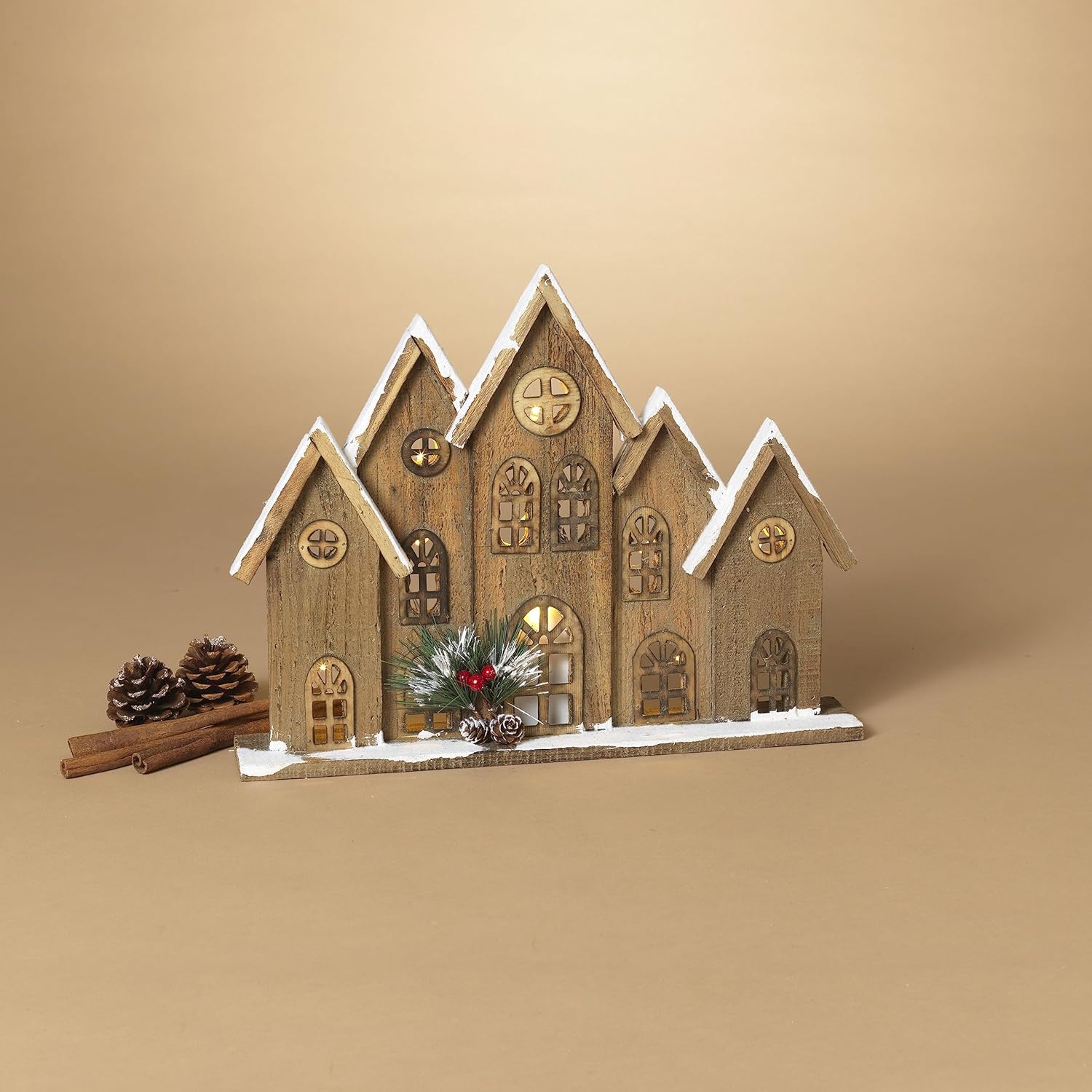 Gerson International Battery Operated Lighted Wood House with Pine and Berry Accent, 15.6-inch Length