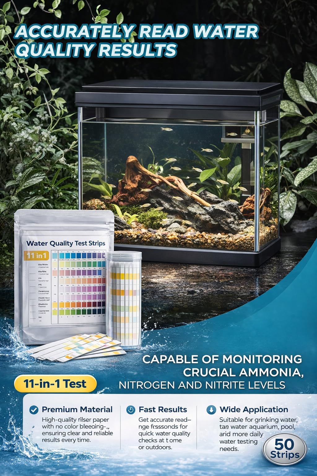 Bandelettes Test Aquarium 11 en 1, Test d’Eau Aquarium avec Tube Plastique et Thermomètre, Test Ammoniac Nitrite Nitrate pH GH KH Chlore Cuivre Phosphate Fer