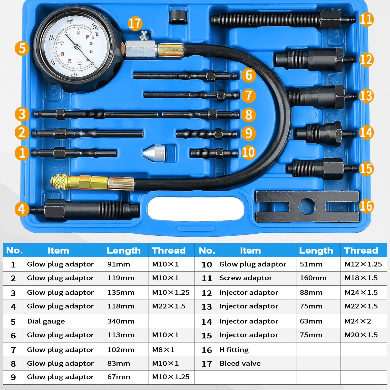FreeTec Tester di compressione diesel, 1000 PSI 70 bar, misuratore di compressione diesel motore, tester diesel TDI CDI cilindro per auto, camion, trattore