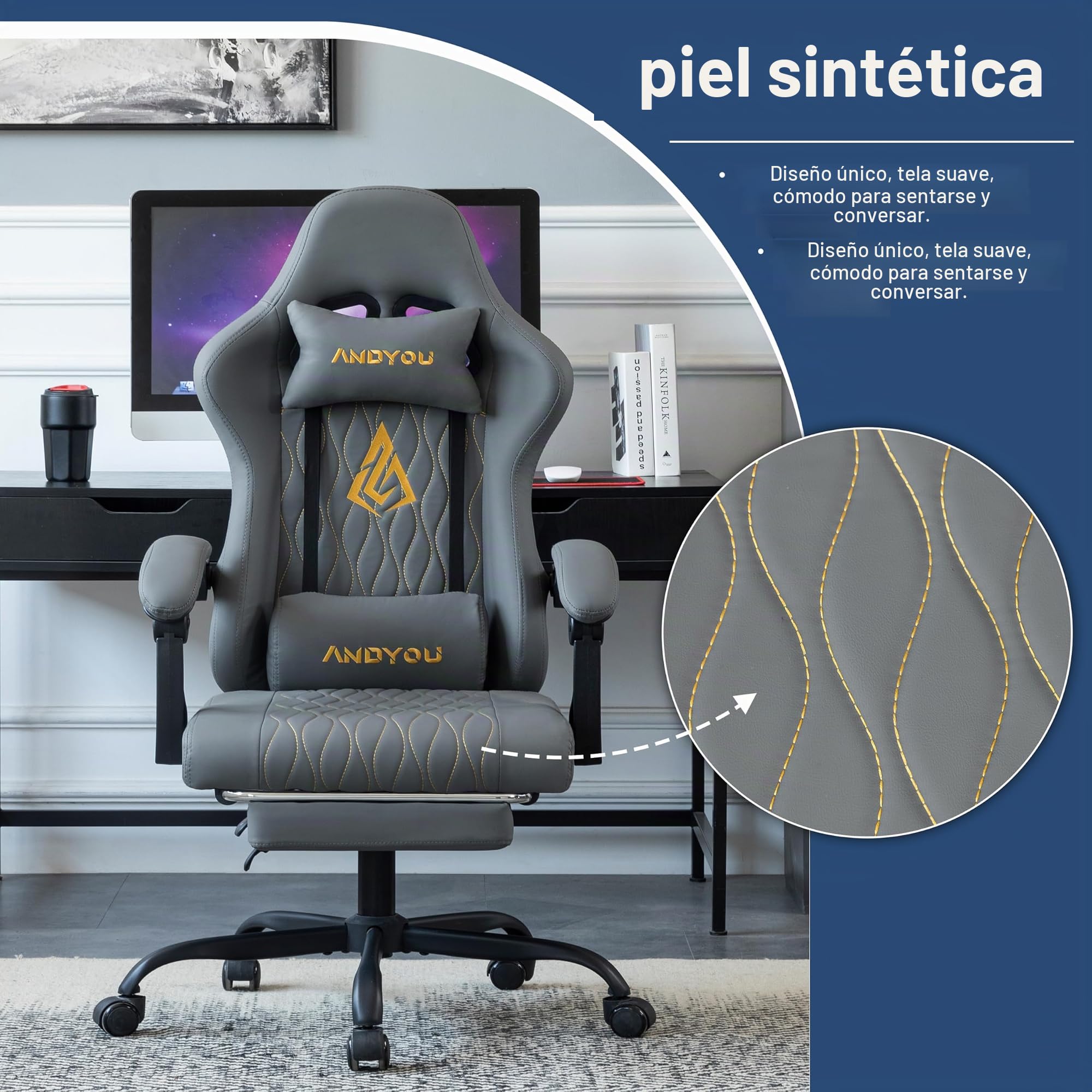 Andyou Silla Gaming Ergonómica Profesional con Soporte Lumbar - Silla Gamer para Adulto, Giratoria y Reclinable con Reposapiés Ajustable y Tela Transpirable, Soporte 150 kg para Oficina y PC
