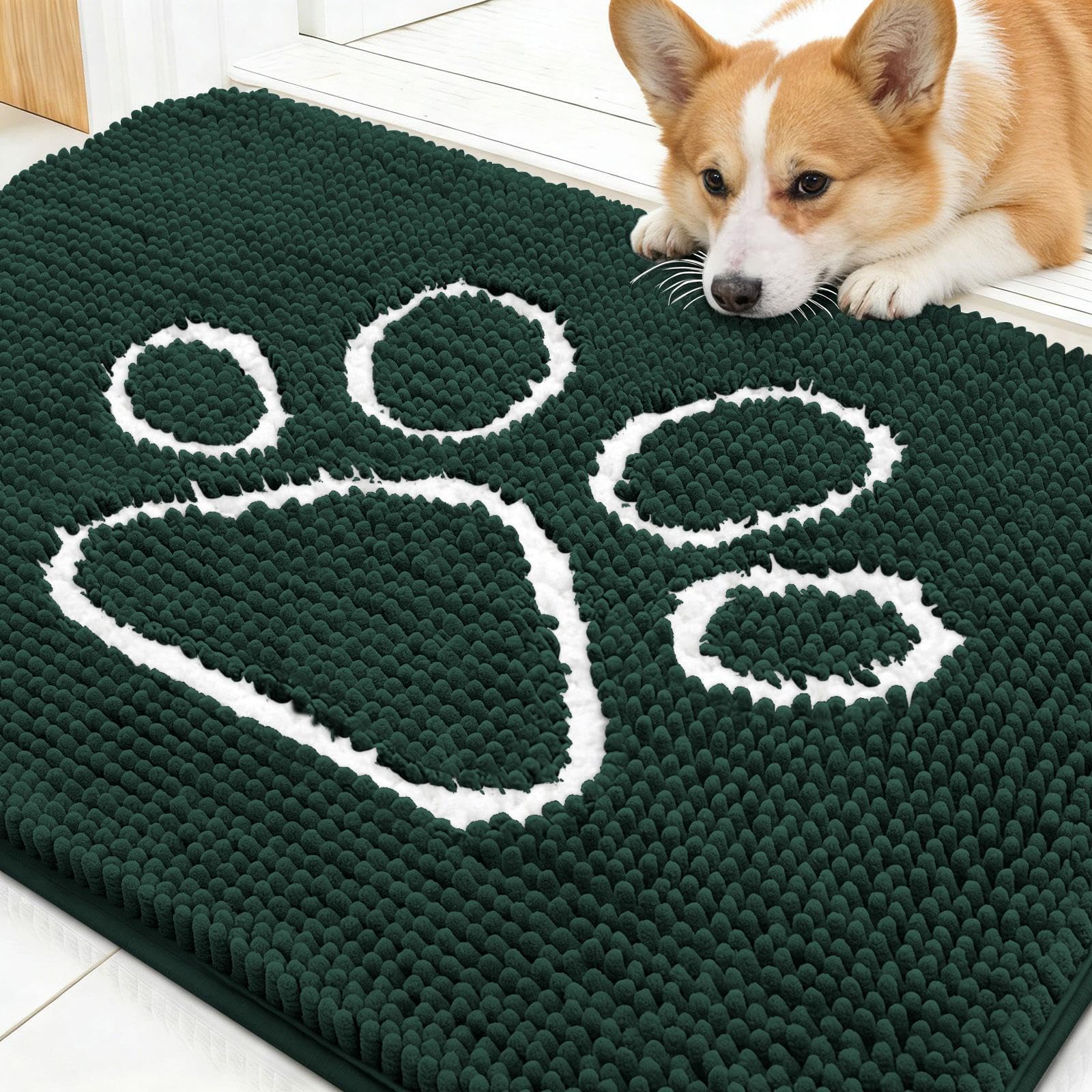 OLANLY Dog Door Mat for Muddy Paws 30x20, Paw Print Design Chenille Mud Mat