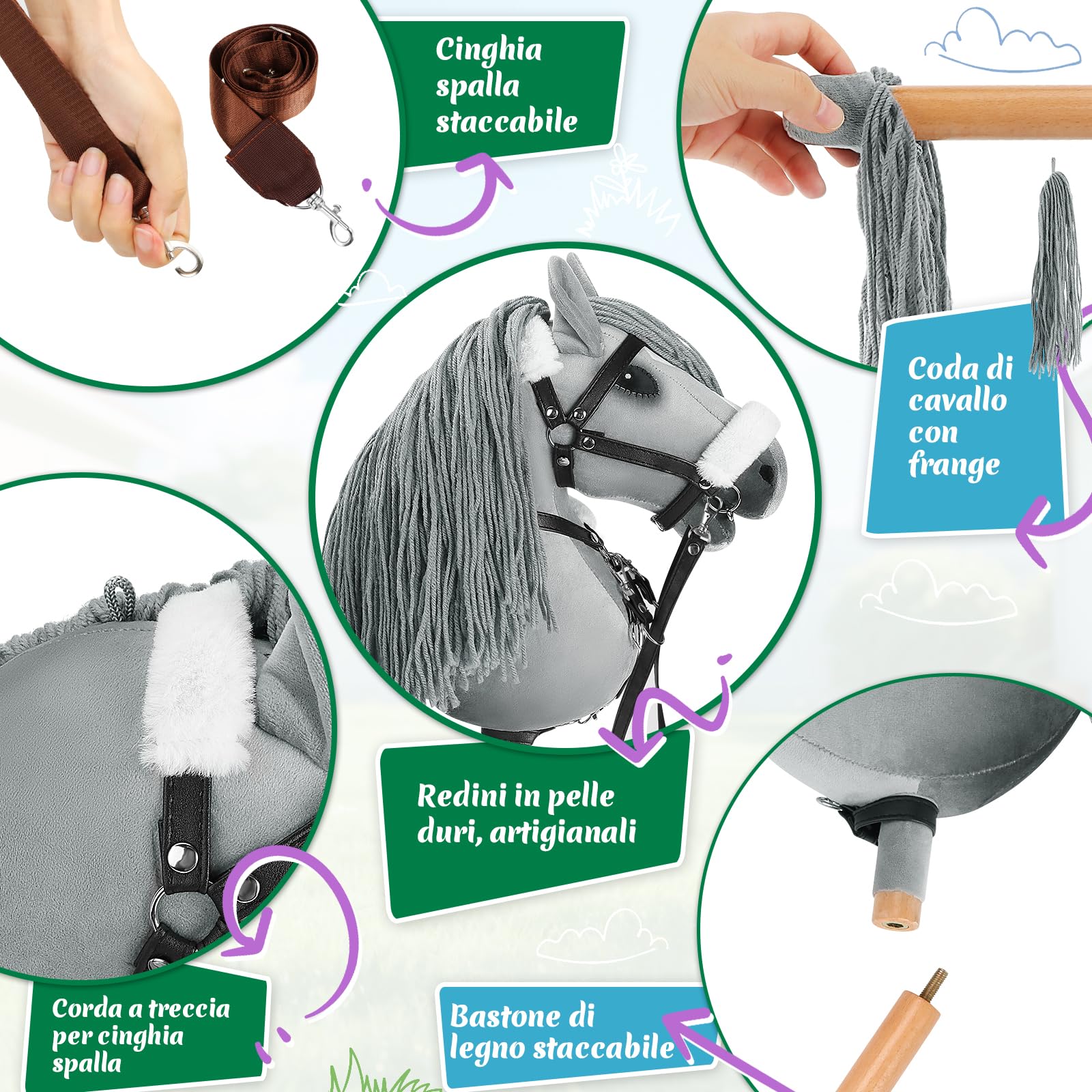 Charmofun Hobby Horse, Cavallo con Bastone per Bambini con Testa A3, Morbido Halter in Peluche, Coda Fluente e Cinghia Regolabile, Ideale per Gioco e Regalo (Grigio (con Capestro in Peluche))