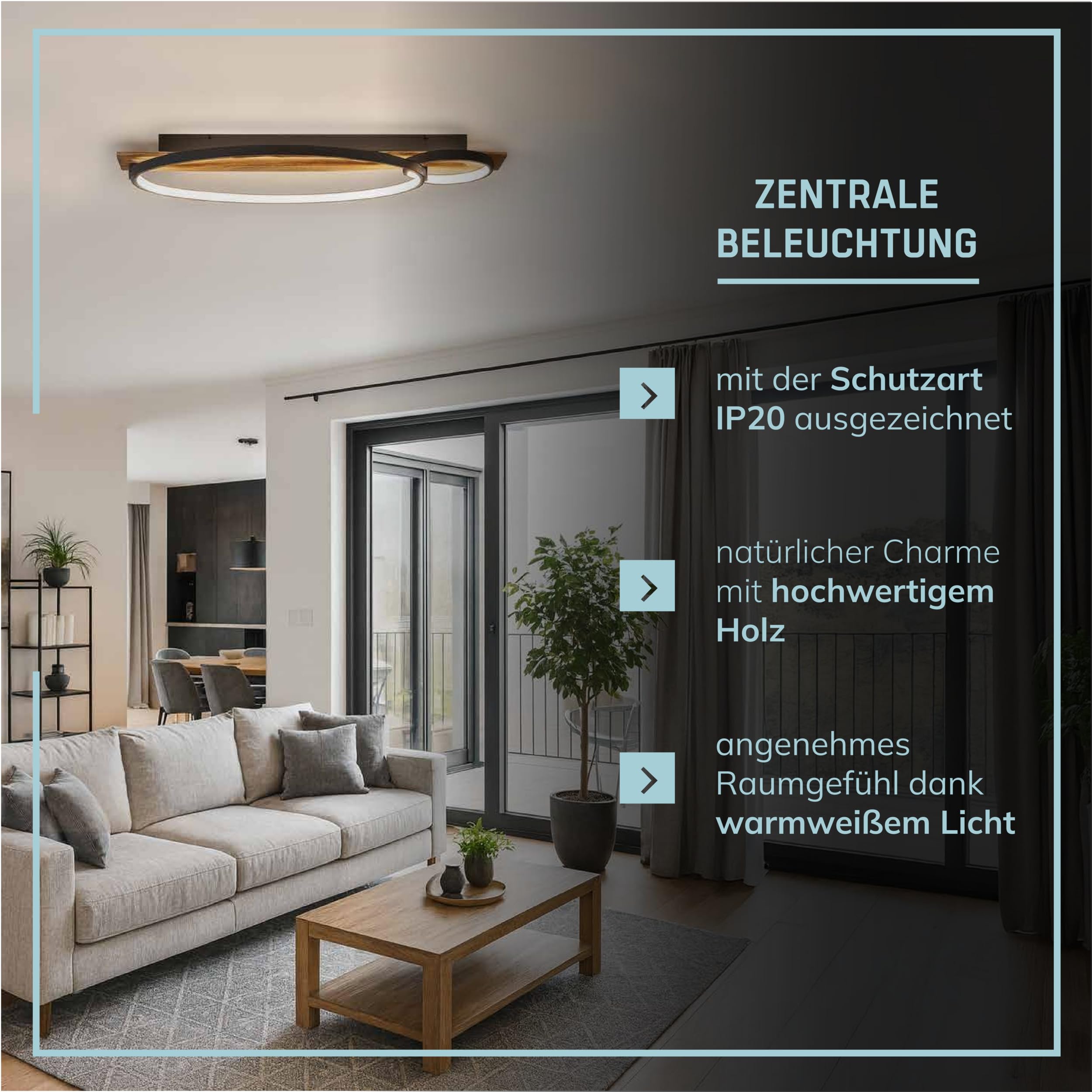 Lightbox moderna lampada da soffitto a LED in stile naturale - plafoniera con dimmer a 3 livelli e 2 anelli LED su trave di legno - 70 x 30 cm - 3300 lm, 3000 K - in legno di pino/metallo in