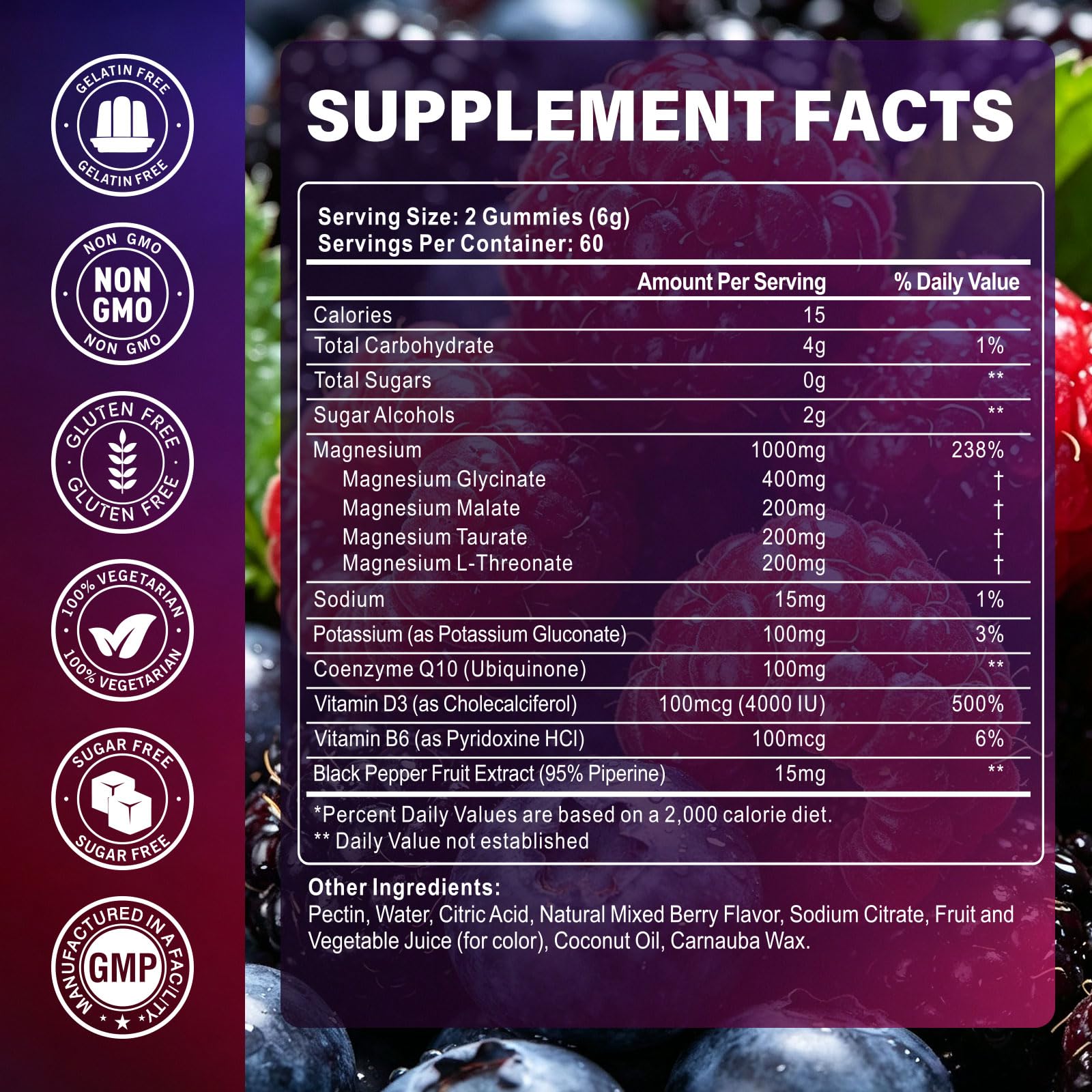 Magnesium Glycinate Gummies 1000mg, Sugar Free, Magnesium Supplements for Men & Women, with L-Theanine, Vitamin D3 B6 & CoQ10 for Sleep, Calm & Relaxation Support, 120 Gummies Mixed Berry — Amazon image 5