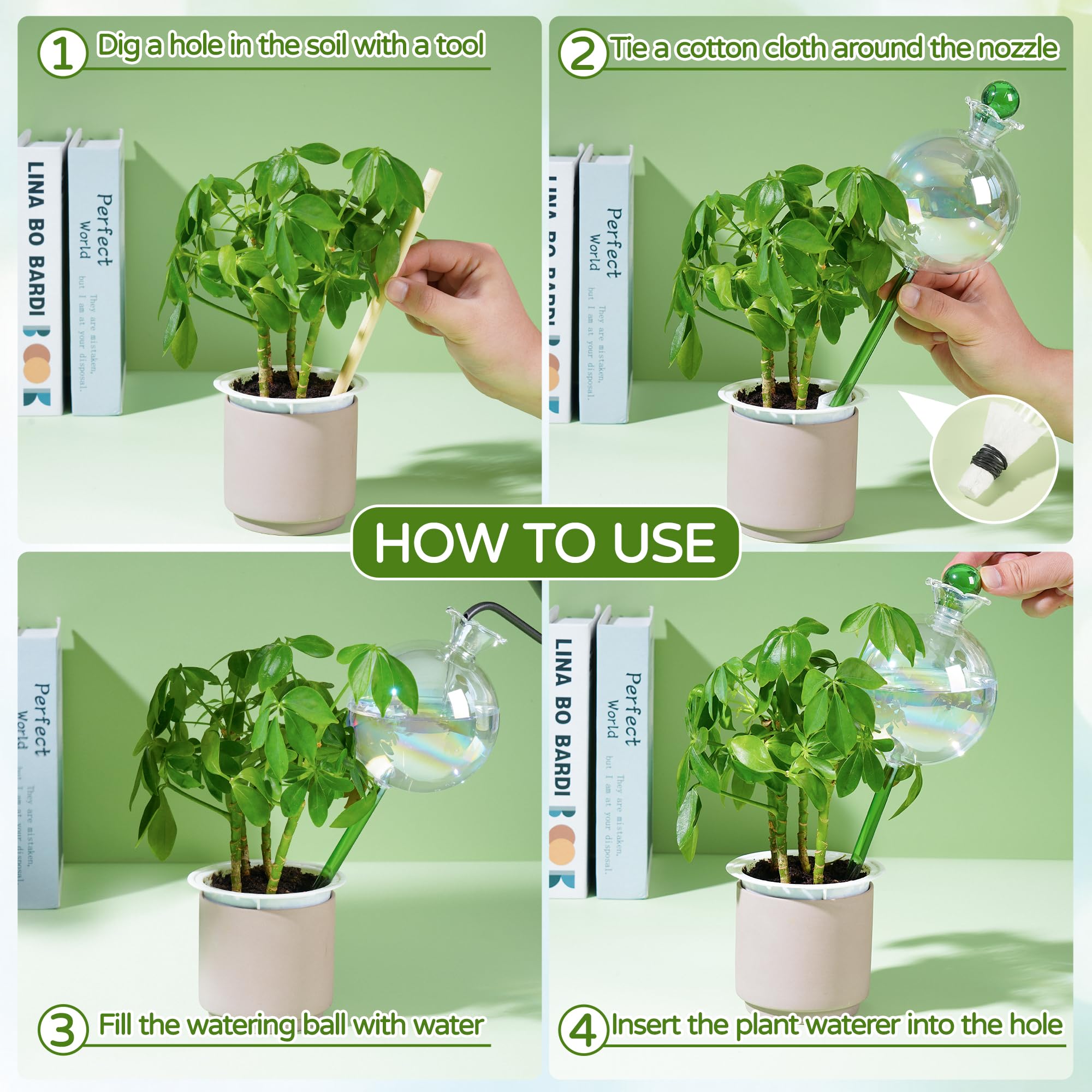 Lot de 4 globes d'arrosage de plantes extra larges en verre irisé de 500 ml pour 2 semaines, bulbes d'arrosage automatique pour un usage quotidien ou en vacances