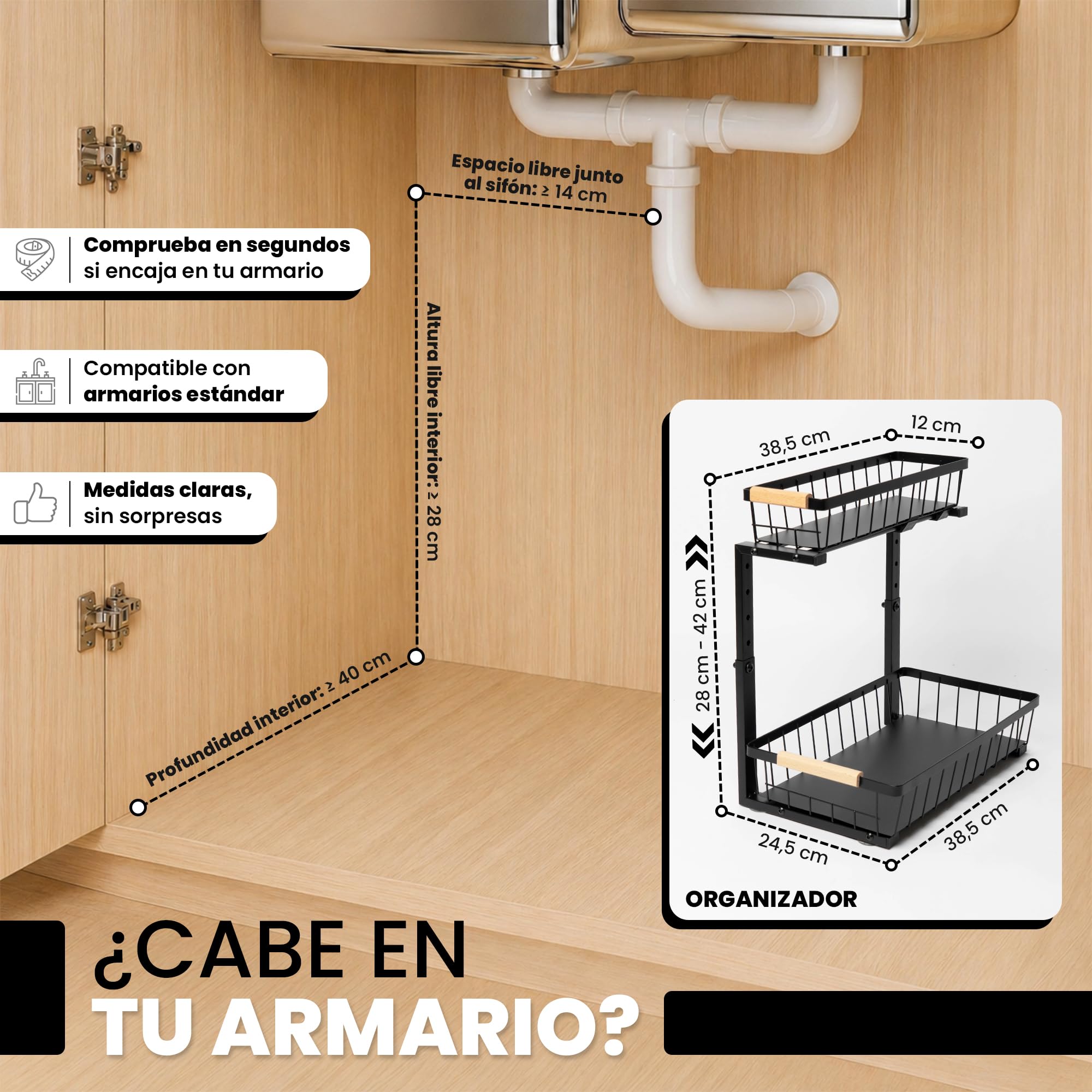 Confezione da 2 organizer sotto lavello compatto regolabile (28-42 cm) con 2 panni in microfibra, scaffale metallico per cucina e bagno, design speciale per sifone e tubi a U, colore nero
