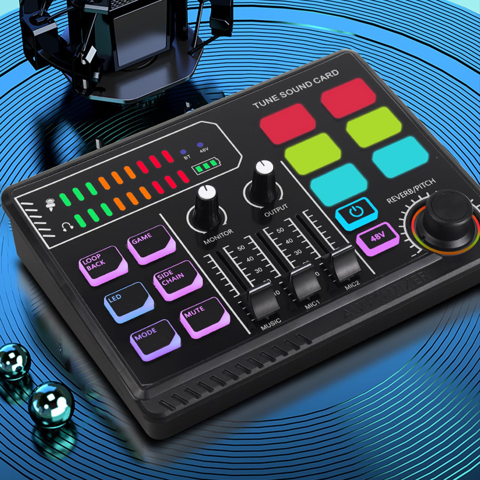 Mixer audio da gioco con 48 V Phantom Power, RGB PC mixer per streaming, mixer RGB per microfono XLR, mixer audio per PC/Phone/Gamer Creators/Live/YouTube/Personalizzato