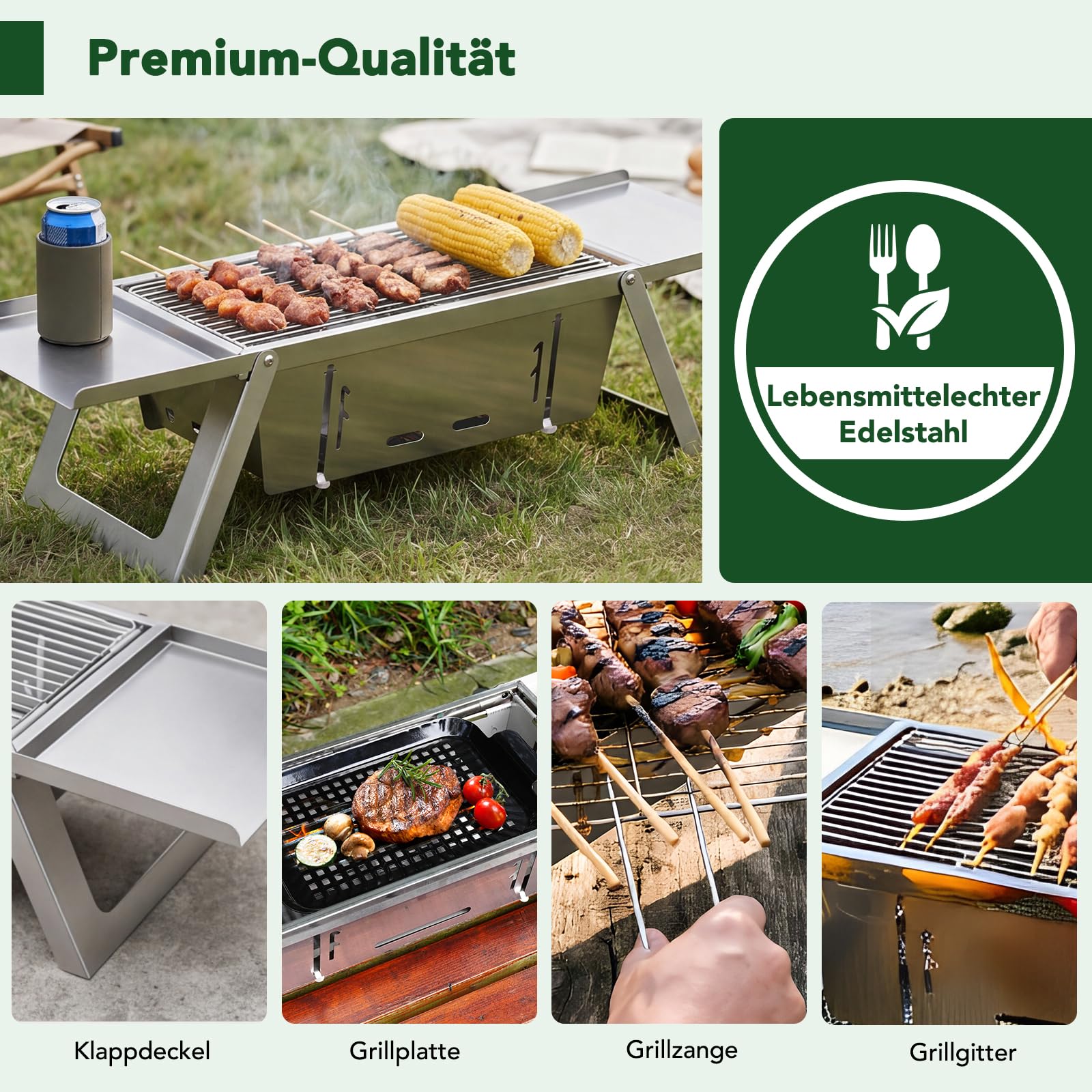 E EASTSTORM Camping Grill, Klappgrill Holzkohlegrill mit 3-stufiger Hitzeverstellung, Mini Tischgrill für 3-4 Personen, Ideal für Garten, Balkon, Strand & Reise, leicht zu Reinigen, 54x21x17.5cm