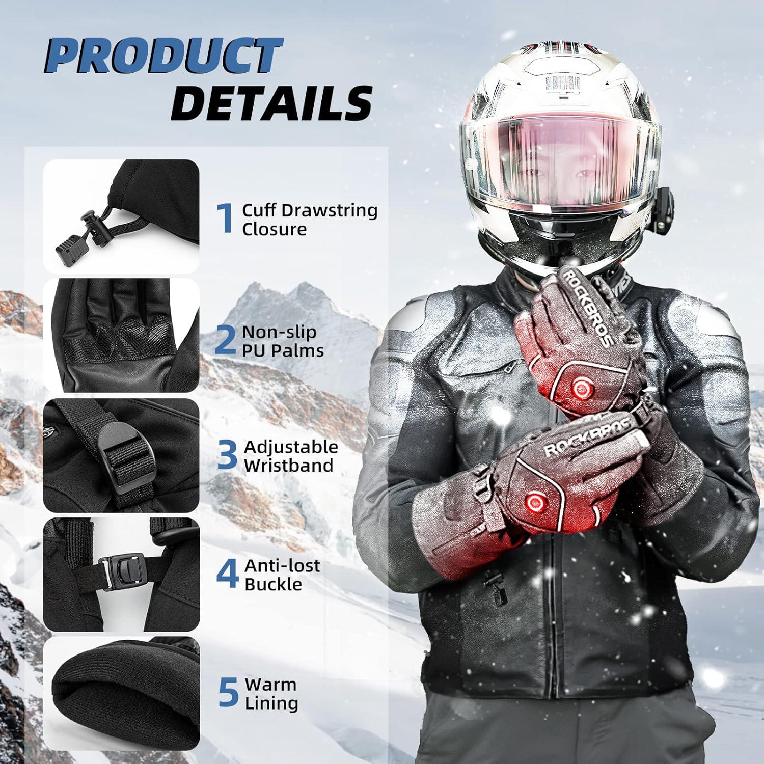 ROCKBROS Heated Gloves Electric Rechargeable Battery Thermal Mittens Gloves for Men Women Winter Touchscreen Waterproof Warm Glove Liners Cold Weather Gloves for Cycling, Skiing, Snowboarding - Image 3