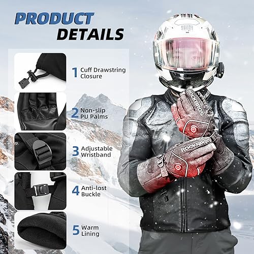 Miniatura 3 de ROCKBROS Guantes calefactables eléctricos con batería recargable térmica, guantes térmicos para hombres y mujeres, para pantalla táctil de invierno,