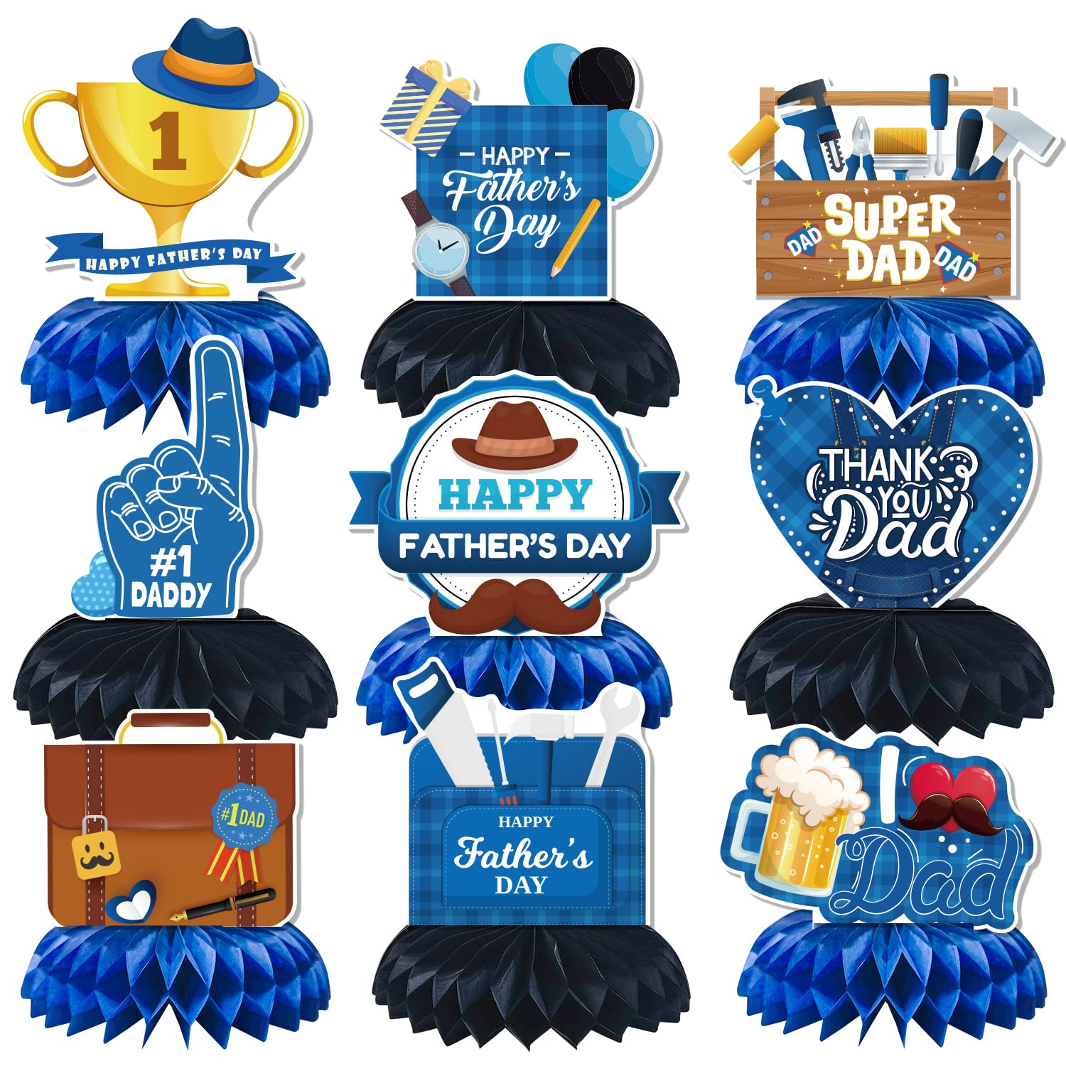 LARRAZABAL Father's Day Decorations, 9 Pieces Father's Day Honeycomb Centerpiece Table Decor Craft for Fathers Day Party, Happy Fathers Day Party