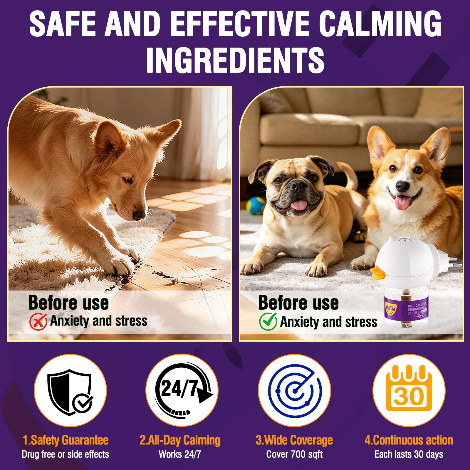 Difusor de Feromonas Relajantes para Perros,Alivio Natural de la Ansiedad,Reduce el Estrés y Favorece la Relajación,Fórmula Segura y Eficaz,3 Recambios (3 Ricariche+1 Diffusore)