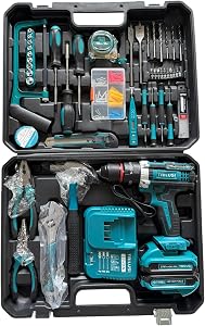 TRILUSI 21V Cordless Drill Tool Kit, 2X Li-Ion Batteries, Screwdrivers, Pliers, Drill Bits, Carrying Case