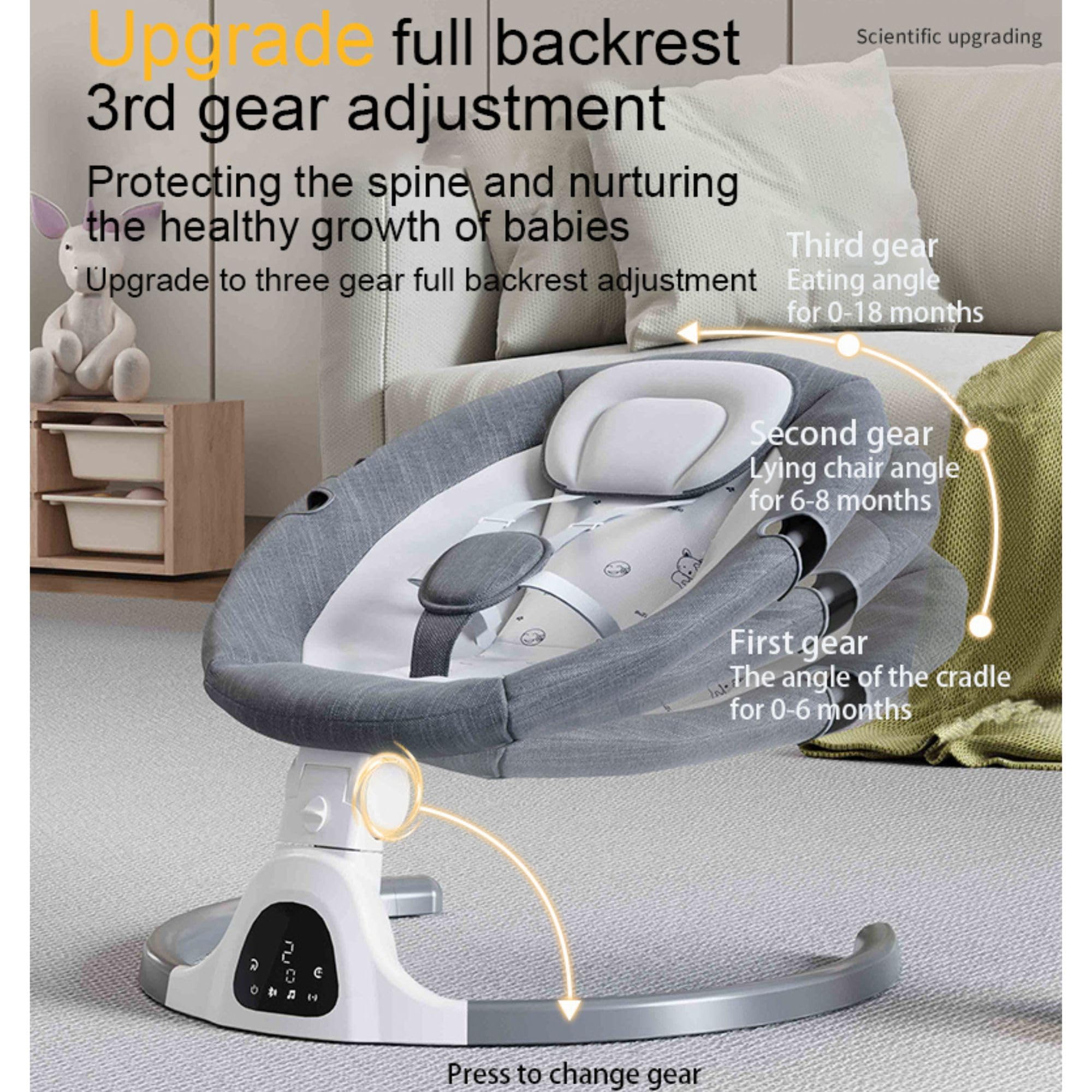 GLOKID Transat bebe électrique, balancelle bebe, pliable, harnais de sécurité 5 points, bluetooth, musique, électriqueavec télécommande, arche avec jouets (Gris)