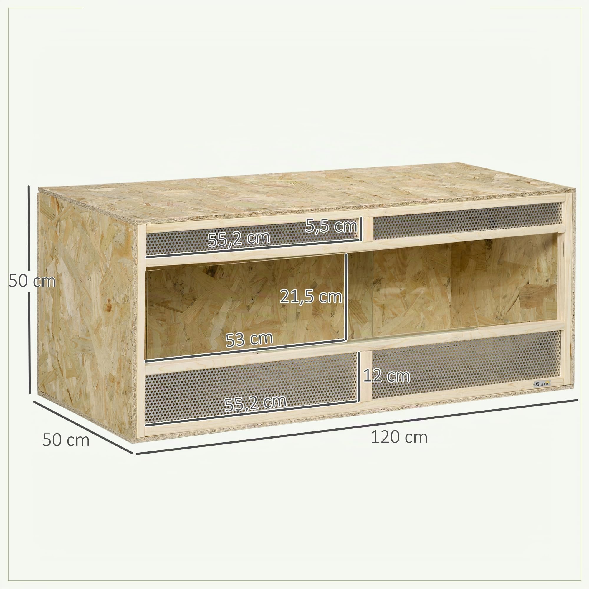 PawHut Terrarium für Reptilien 120 x 50 x 50 cm mit Lüftungsgitter Natur | Glas Terrarium, Fütterungsbox mit Schiebetüren aus Glas, Aufzuchtbox für Amphibien, Spinne