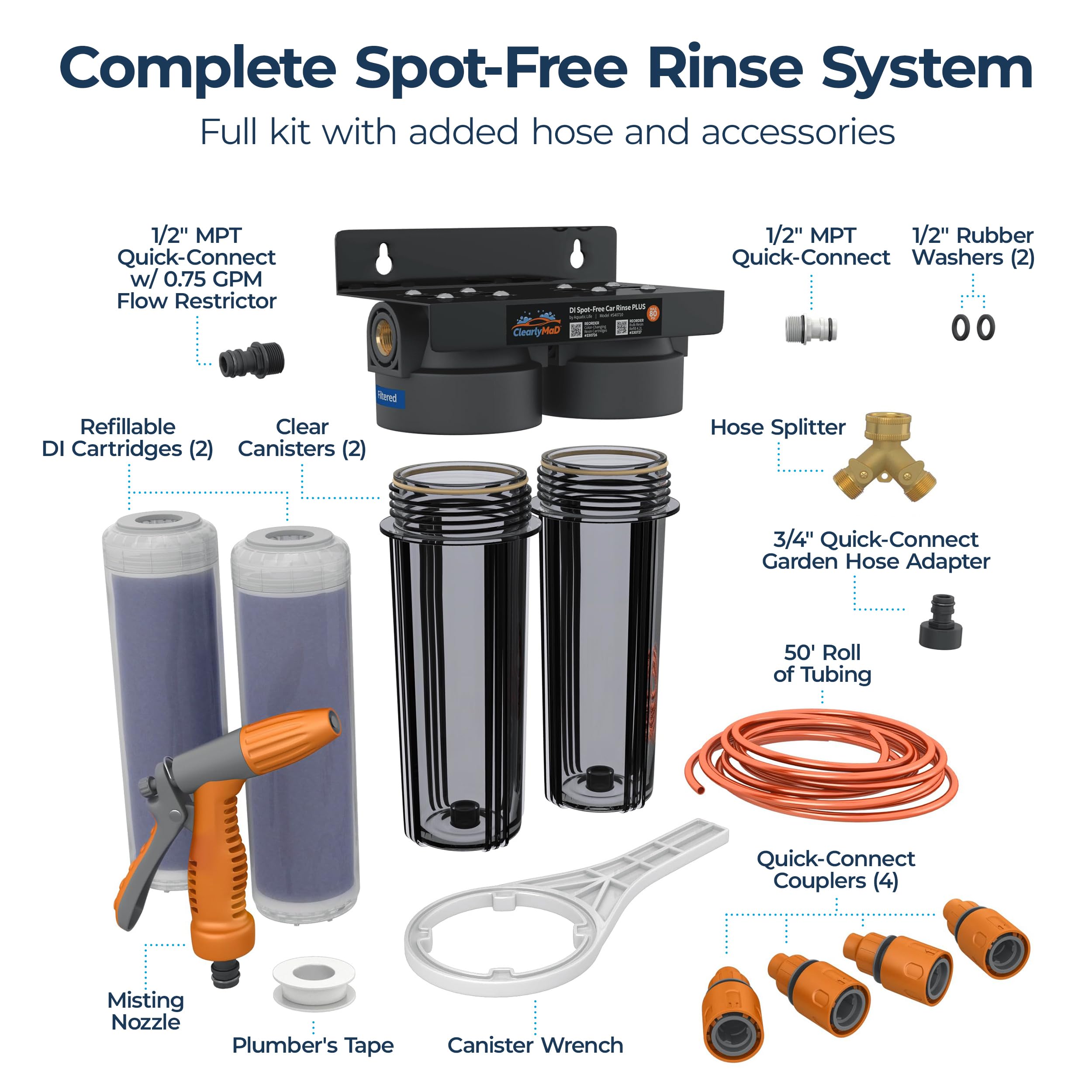Deionized Spot-Free Car Wash Rinse Plus System Unit, Spotless Water Deionizer for Car Washing, RV, and Motorcycle, with Hose