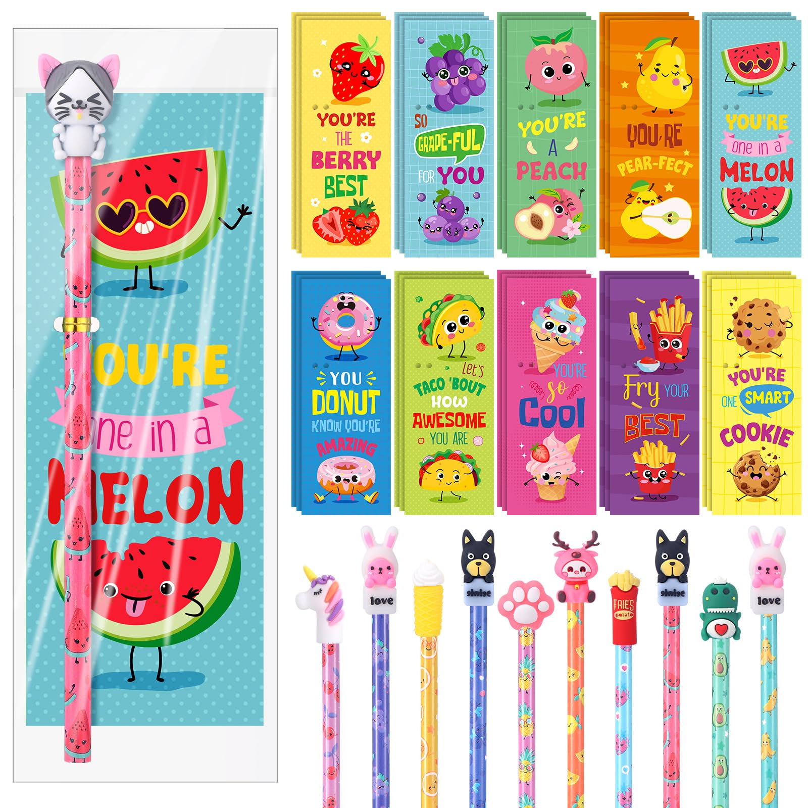 Outus Lot de 30 crayons parfumés mignons et marque-pages parfumés inspirants pour étudiants - Crayons en bois amusants sur le thème des fruits avec gommes d'animaux - Cadeaux en vrac pour l'école et