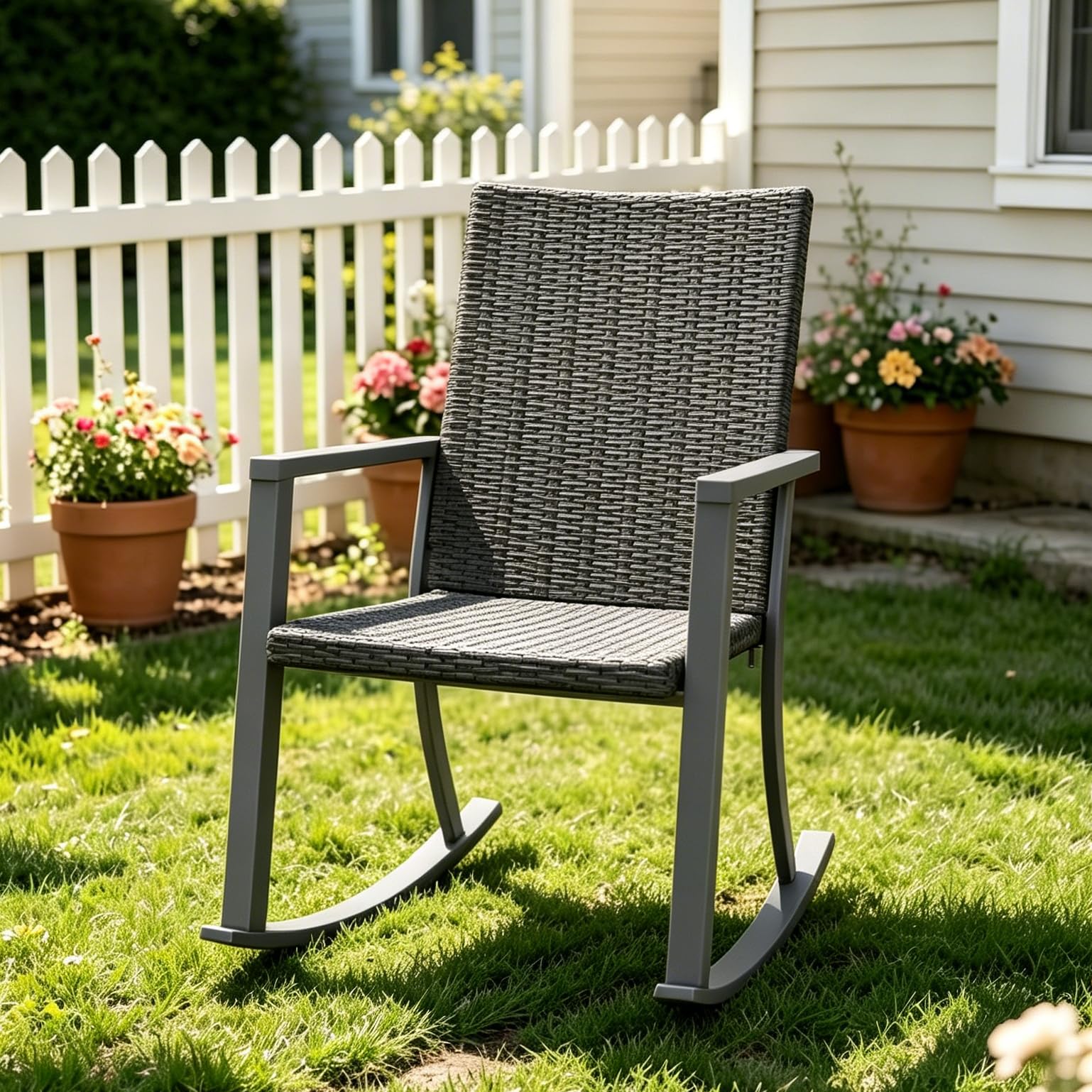 YODOLLA Schaukelstuhl, Außen Rattan Feuerschale Terrassestühle mit Armlehnen & Metallrahmen, Allwetter Gartenmöbel-Set für Hinterhof Terrasse Garten, Schwarz (1 STK.)