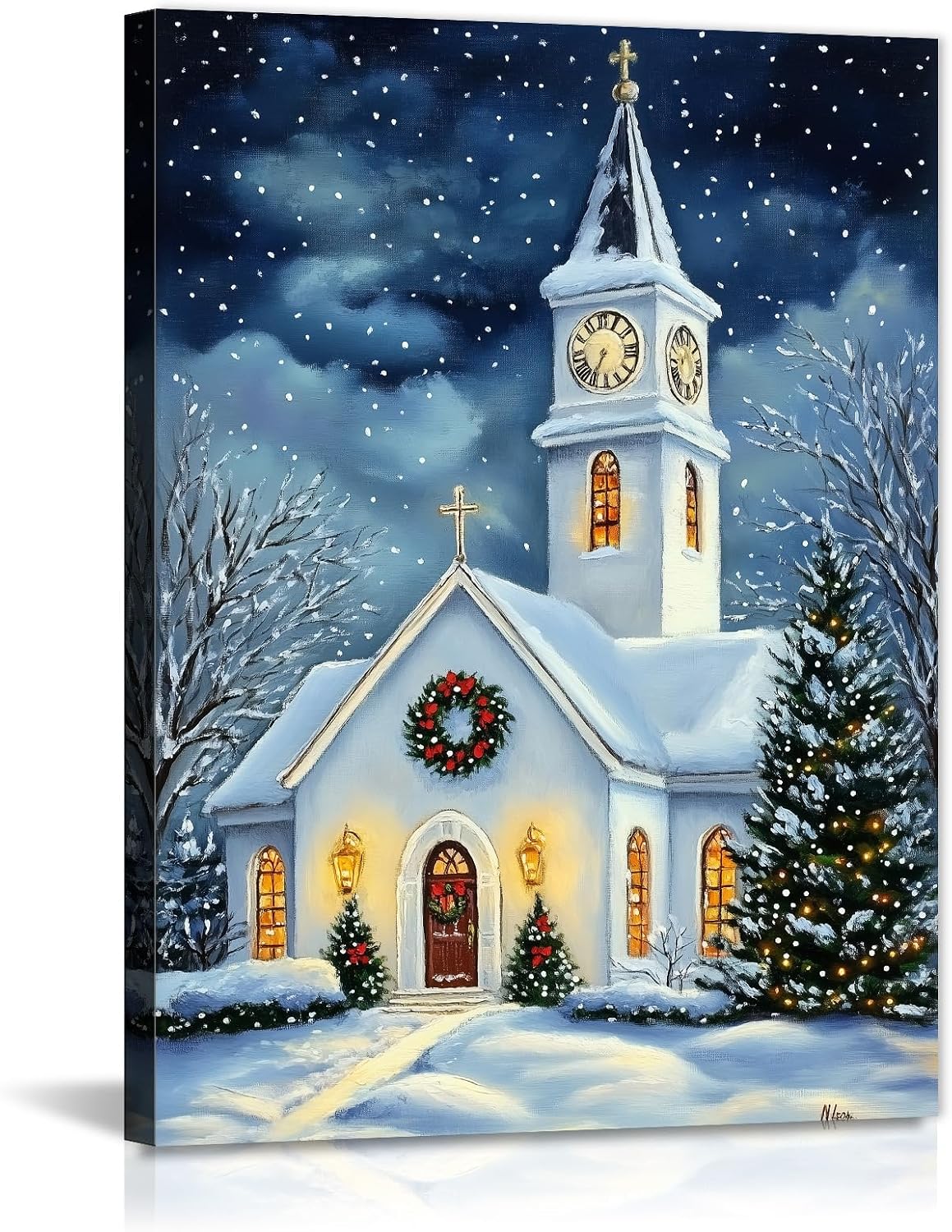 GLOKAKA Christmas Church Canvas Wall Art Snowy Church Pictures Christmas Tree Painting Rustic Winter Holiday Artwork for Xmas Living Room Bedroom(SNOW-1,16"x20")