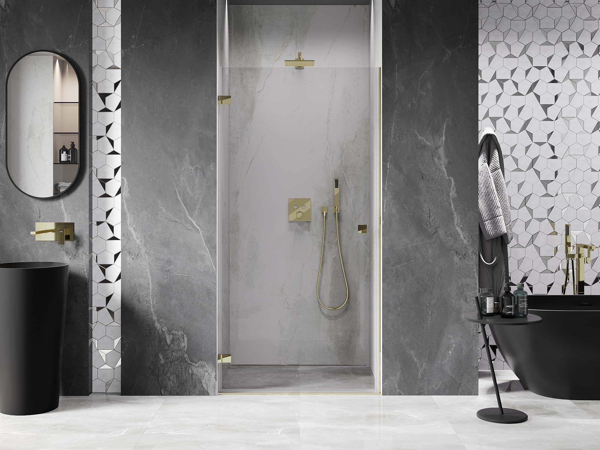 Mexen Lunar-B - Porta doccia a battente sinistra, 60 cm, trasparente, oro