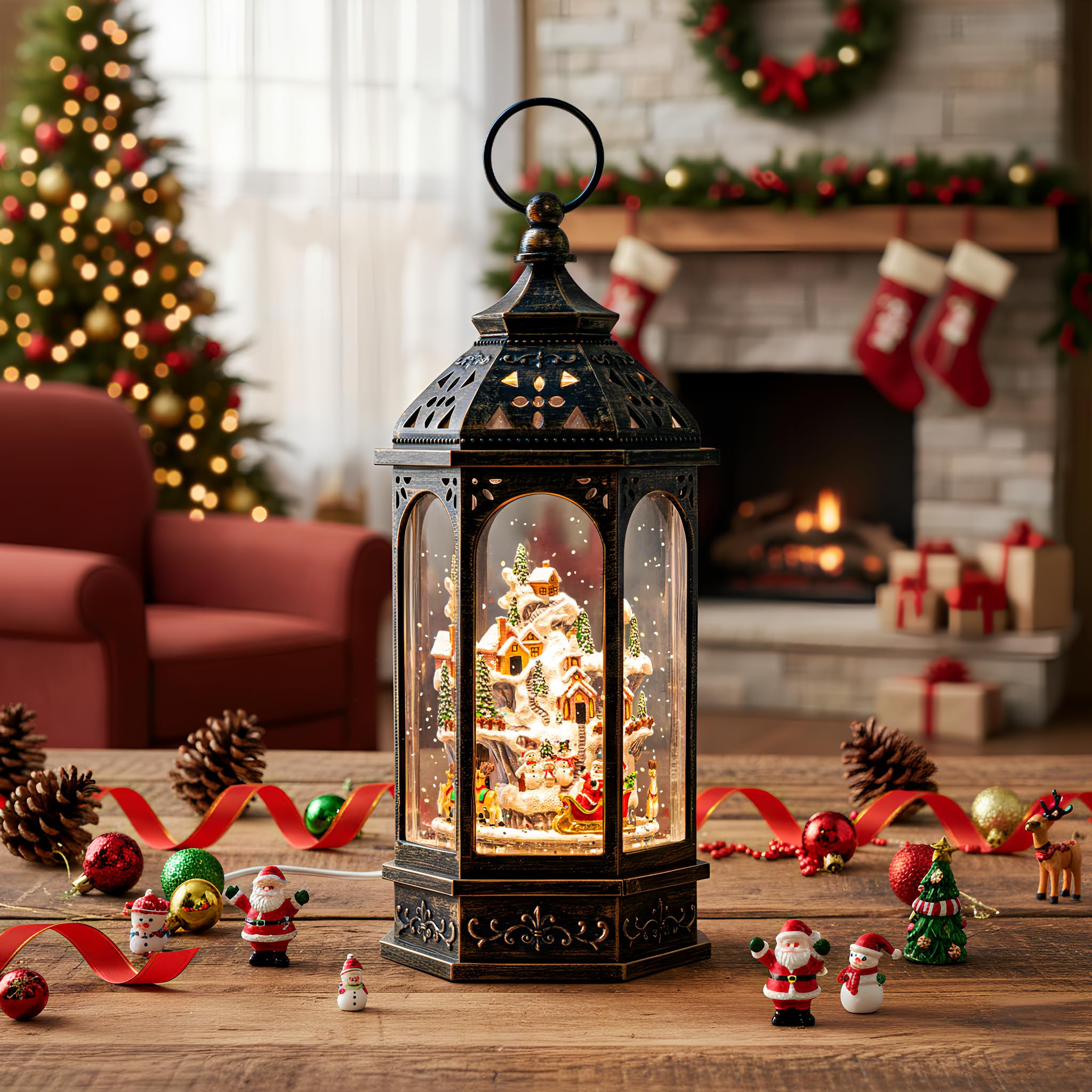 Edificios animados de pueblo de Navidad con figuras en movimiento, linterna de agua iluminada, forro USB/funciona con pilas, globo de nieve para decoración de festivales de Navidad, regalos