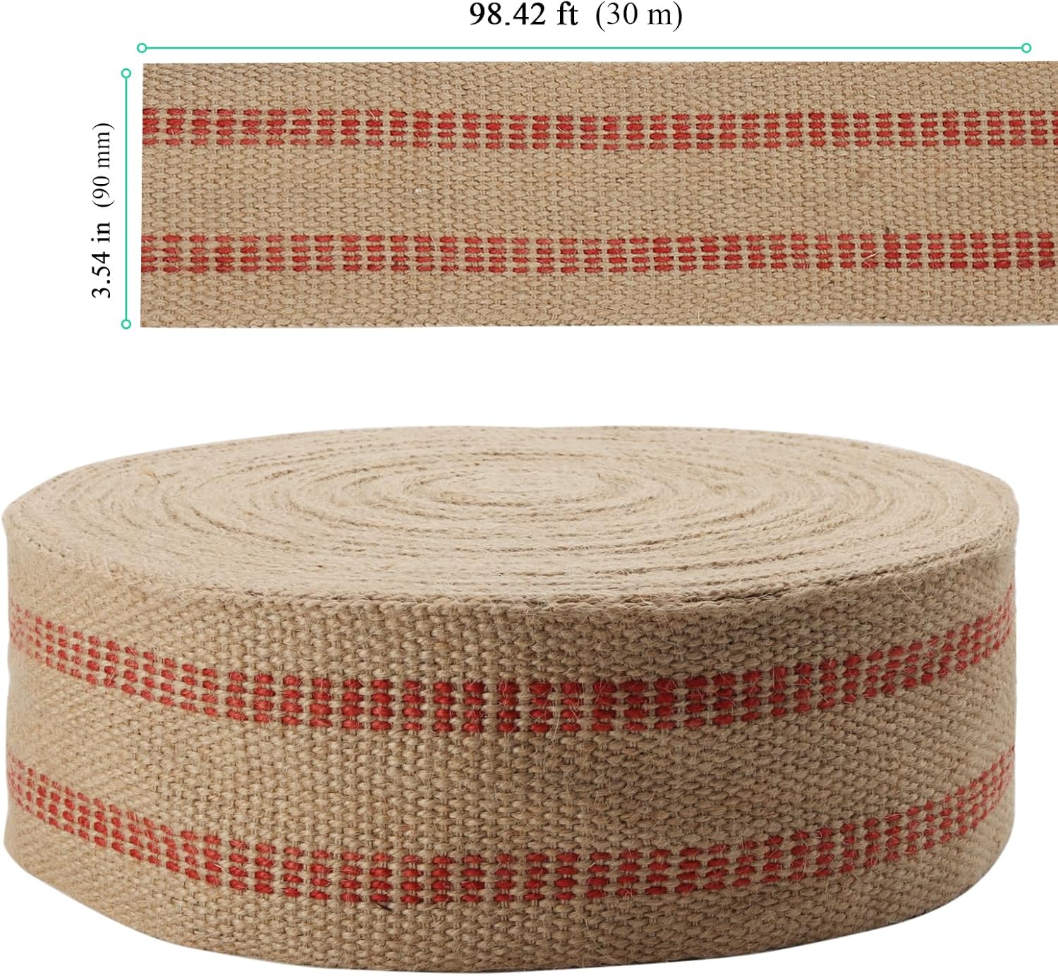 3.5 Inch x 33 Yards Jute Webbing, 9cm x 30m Jute Webbing Tape with Red Stripes for Crafts Decorations