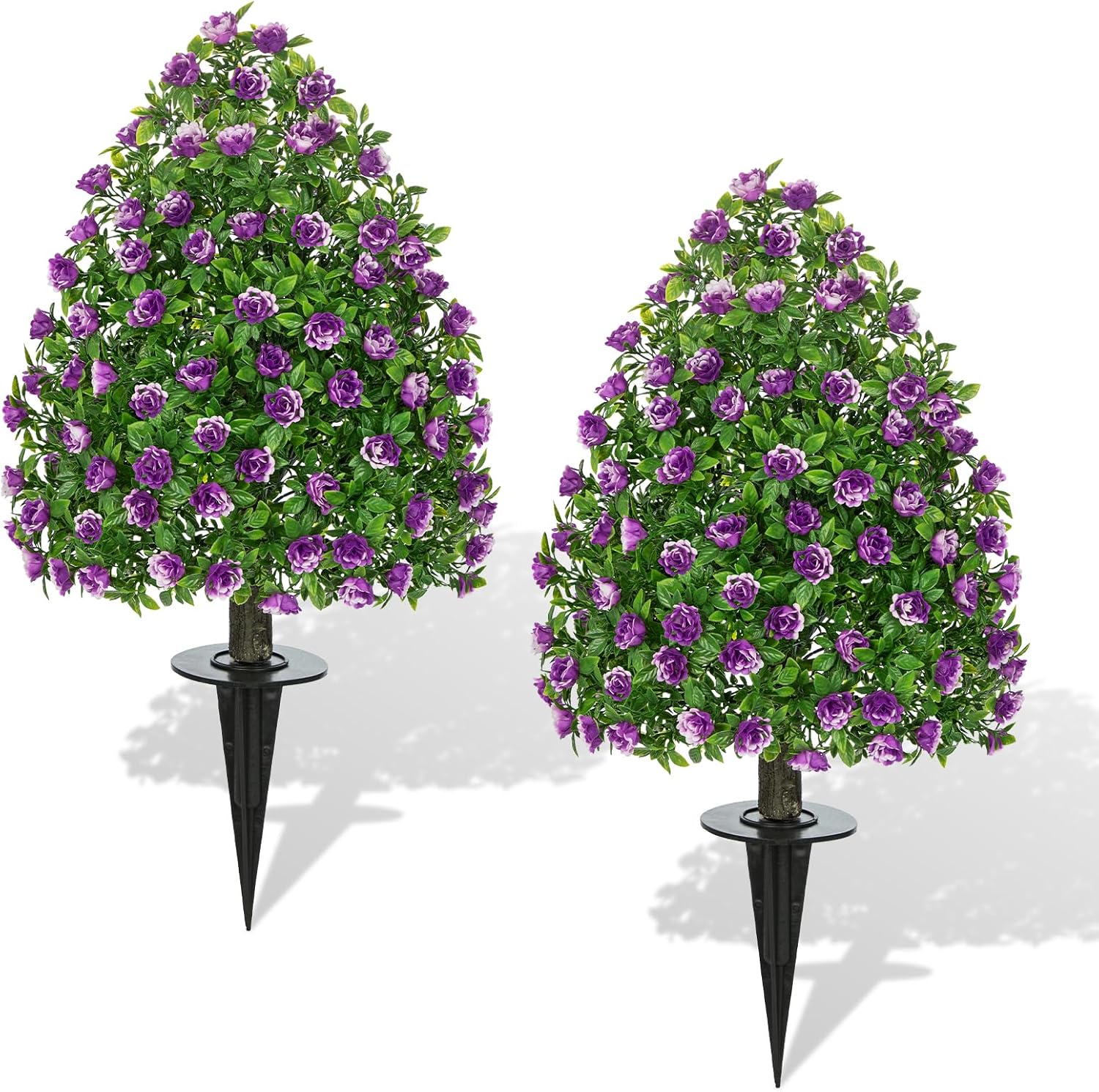 2 Pack 24" Artificial Topiary Ball Trees with Flowers, 2ft Artificial Shrubs with Ground Spike, UV Resistant Faux Bushes Evergreen Trees Indoor Outdoor Front Porch Garden Home Decor