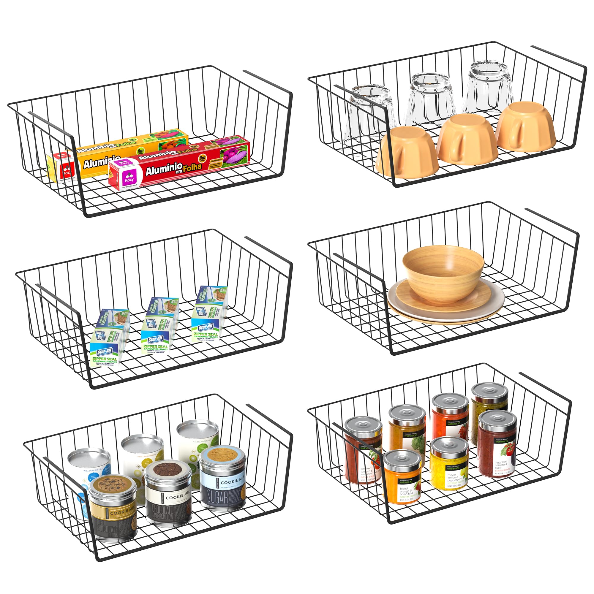 Bellsal Under Shelf Basket, 6 Pack Metal Hanging Wire Shelf Storage, Space Saving for Kitchen Pantry Office Bathroom Bookshelf Organizer, Black