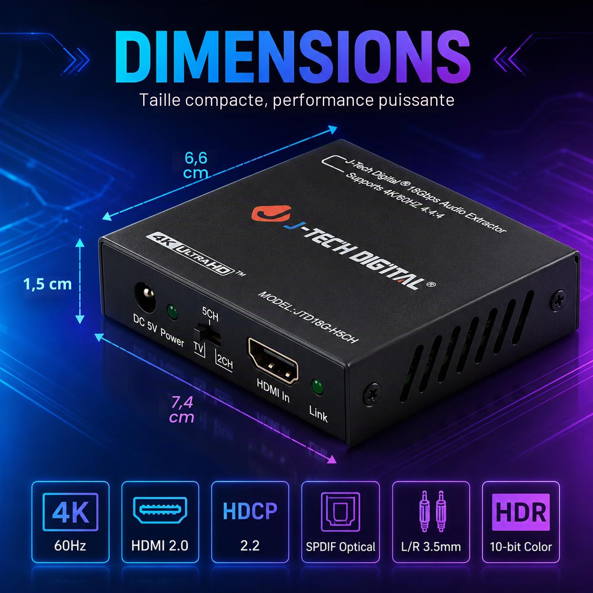 J-Tech Digital JTD18G-H5CH Extracteur audio HDMI 4K 60 Hz + sortie 3,5 mm compatible HDMI 2.0, bande passante 18 Gpb, HDCP 2.2, Dolby Digital/DTS Passthrough CEC, HDR10