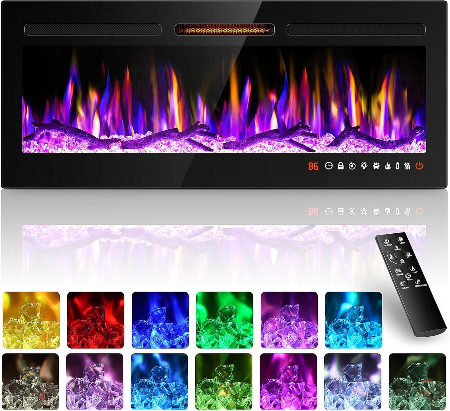 42'' Electric Fireplace Heater, Recessed and Wall Mounted Freestanding Linear Fireplace, Ultra-Thin Wall Fireplace with 13 Adjustable Flame Color and 5 Brightness, Remote Control, 1500/750W 42'' with remote