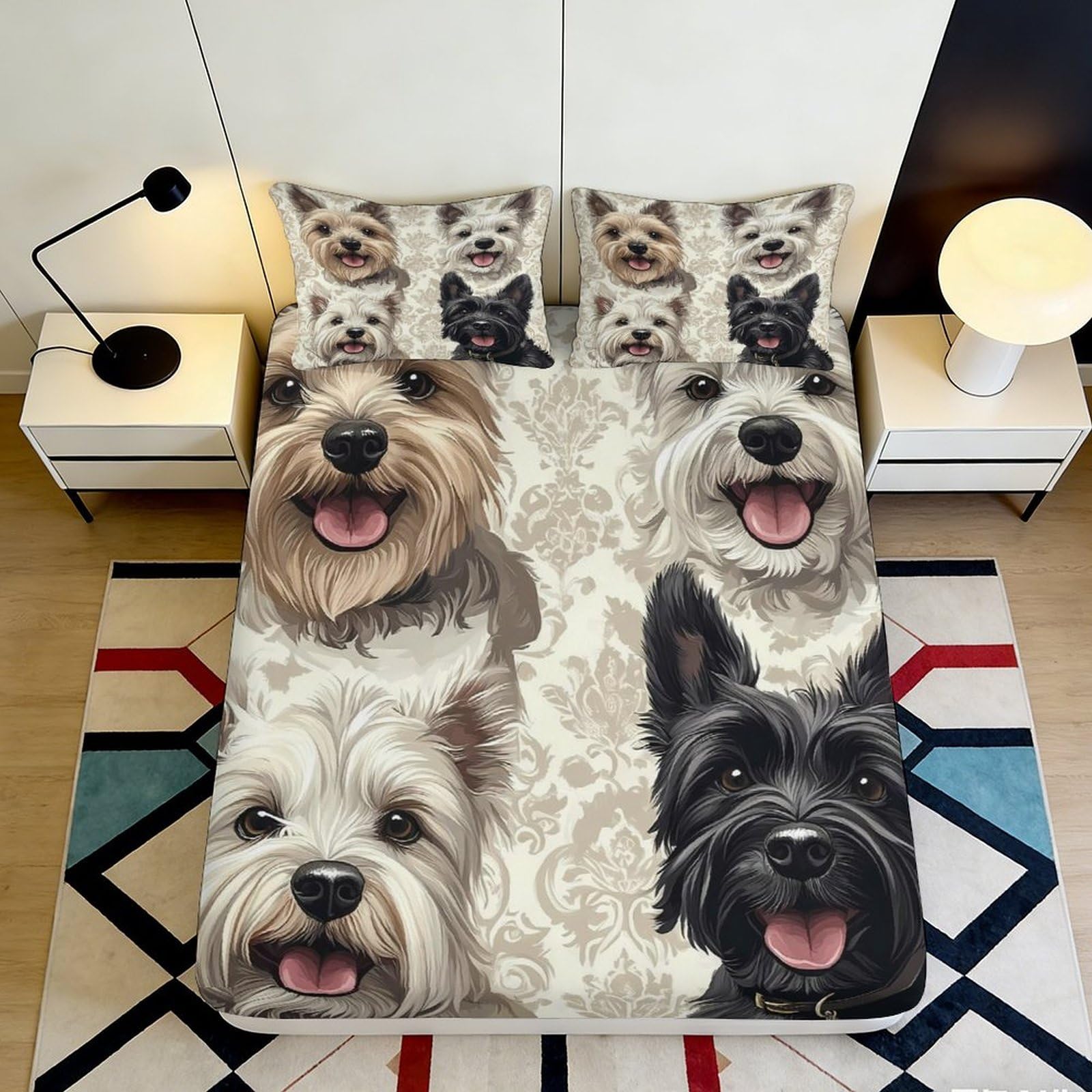 3D Printed Yorkshire Terrier Fitted Sheet Microfiber Soft Anti-Slip Westie Bed Cover for Bedroom Guest Room Decoration 90x200x25cm